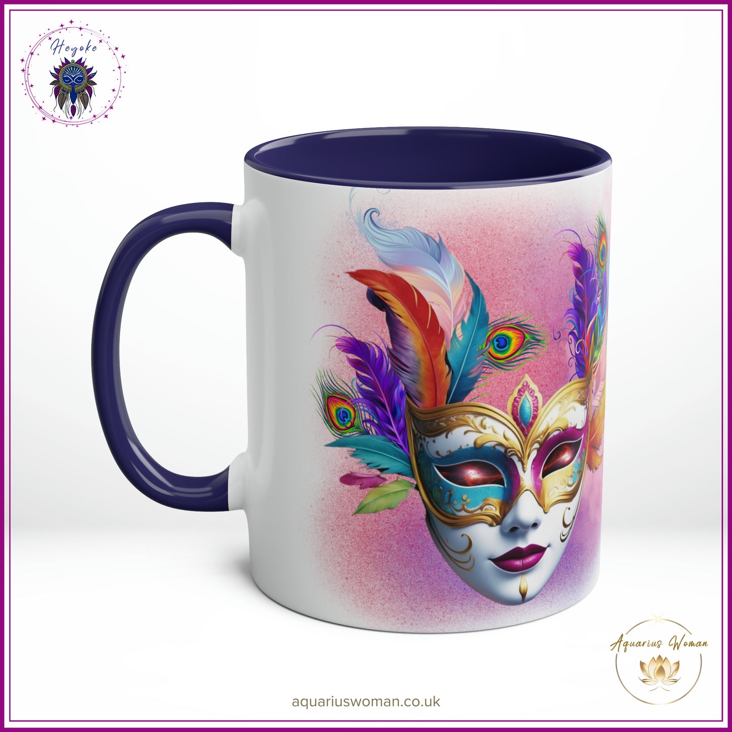 Heyoke Collection: "Cosmic Masquerade" Ceramic Mug - A Mystical Sip Into Shamanic Realms