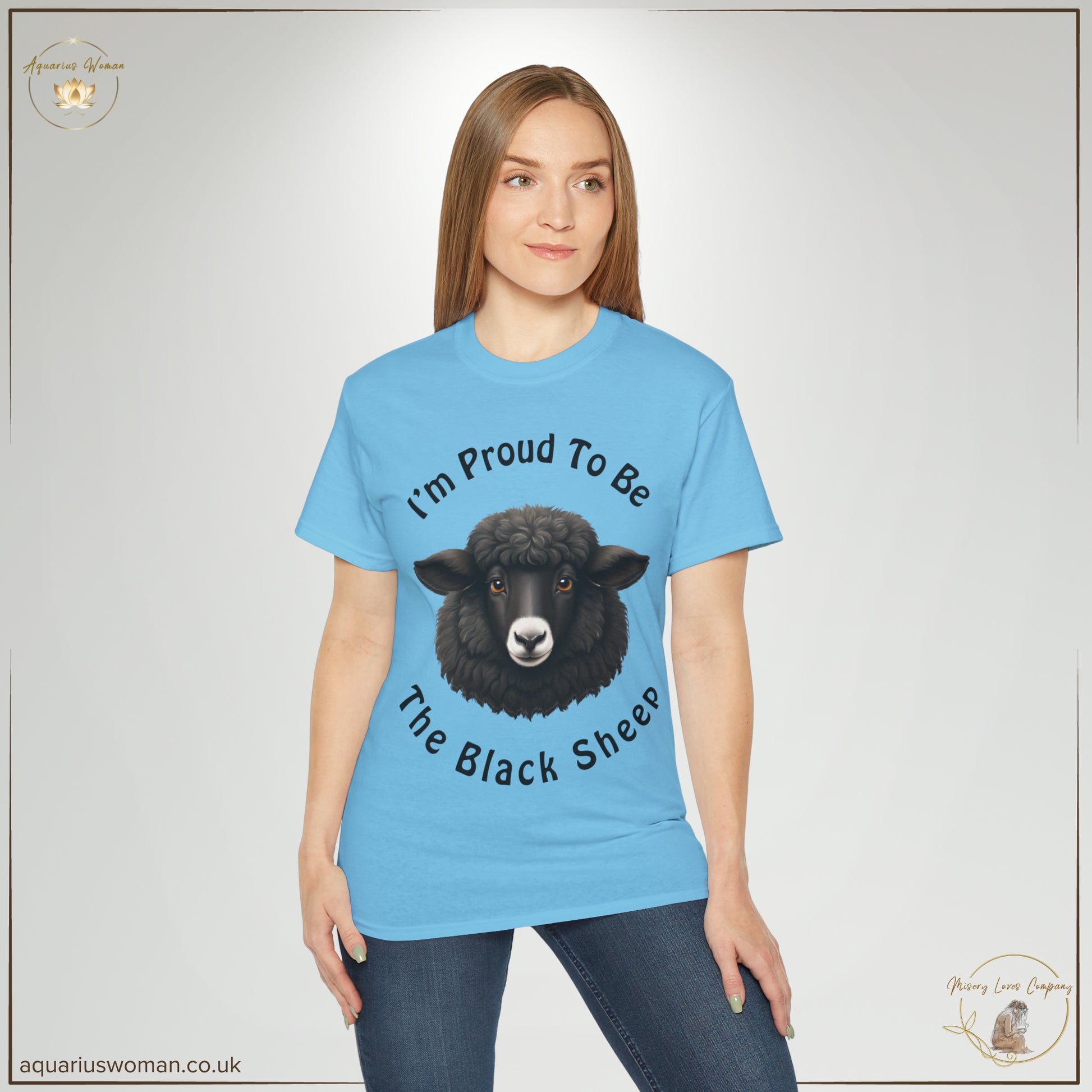 Aquarius Woman's "I'm Proud to be the Black Sheep" from Misery Loves Company Collection with a woman wearing a sky blue t-shirt