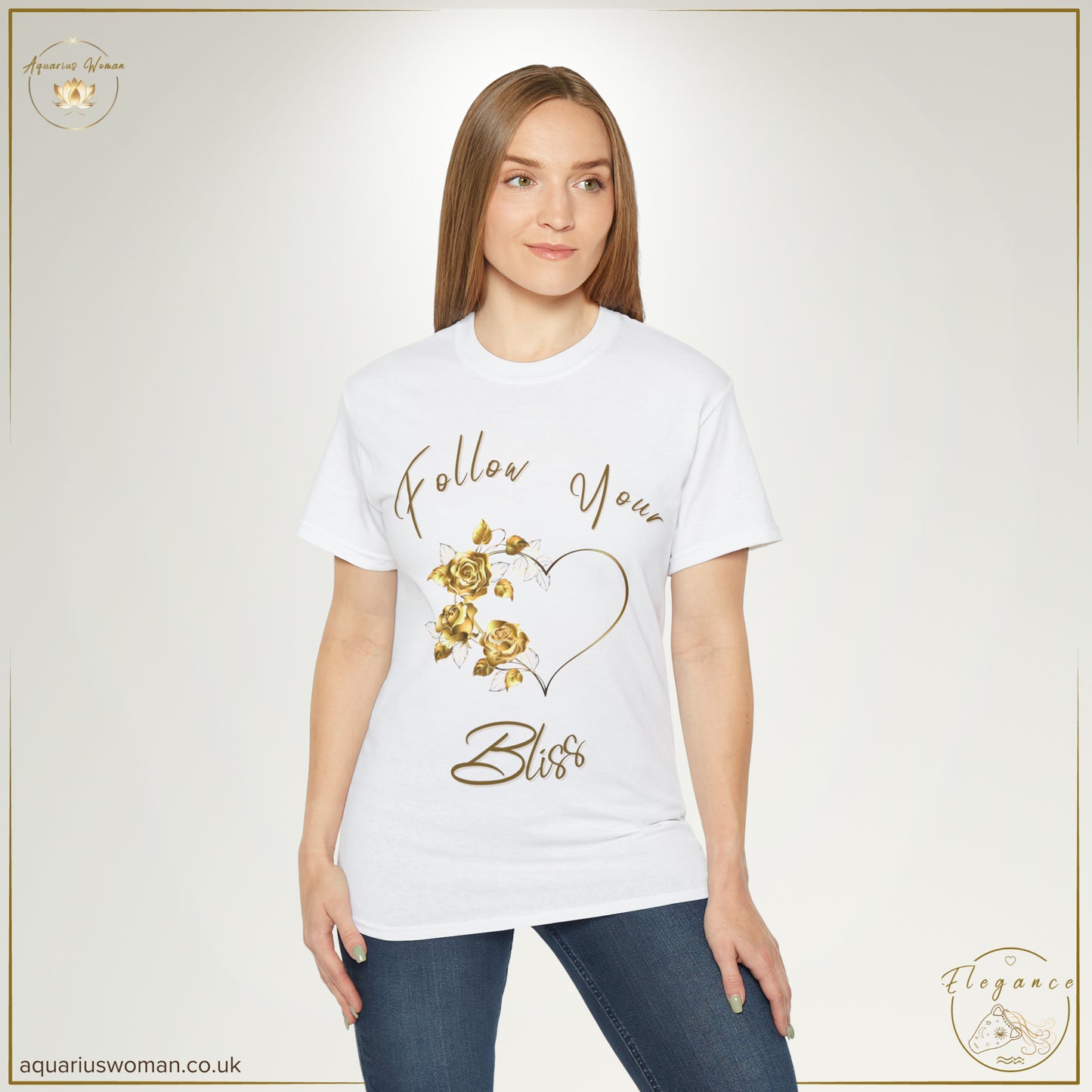 Aquarius Woman's Follow Your Bliss with the Elegance Collection - model in white t-shirt