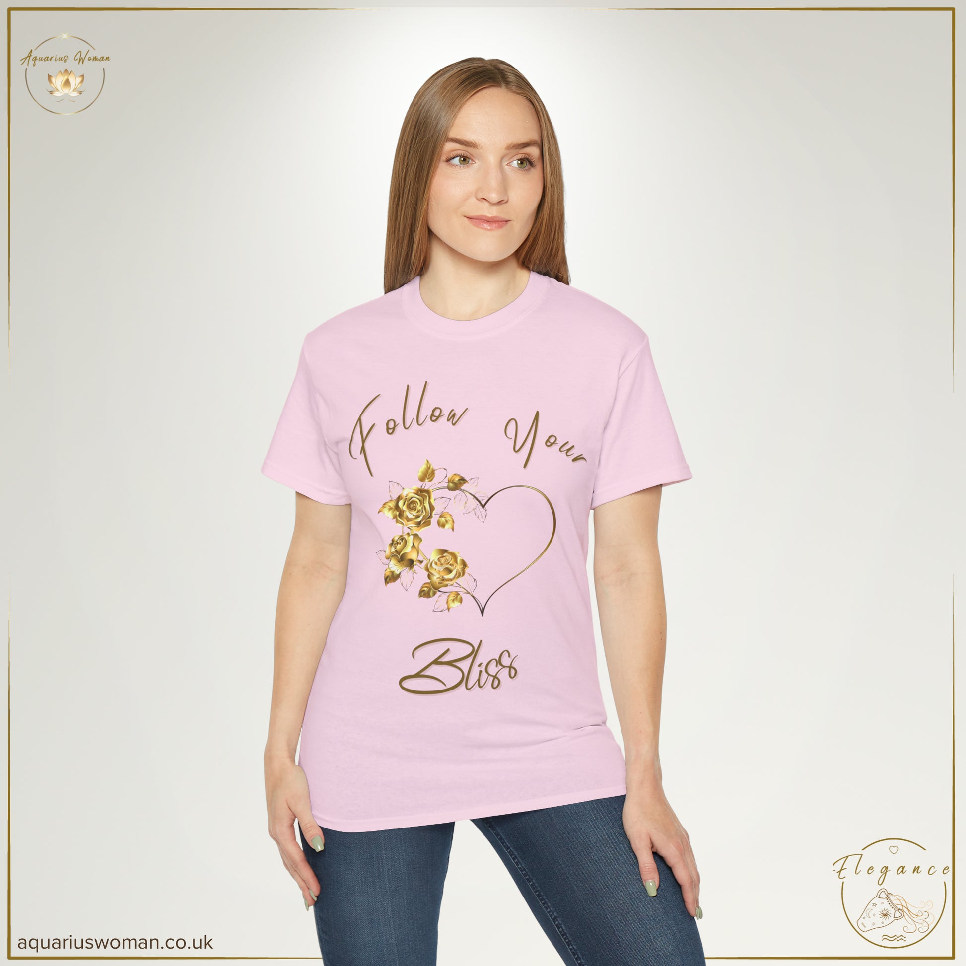 Aquarius Woman's Follow Your Bliss with the Elegance Collection - model in pink t-shirt