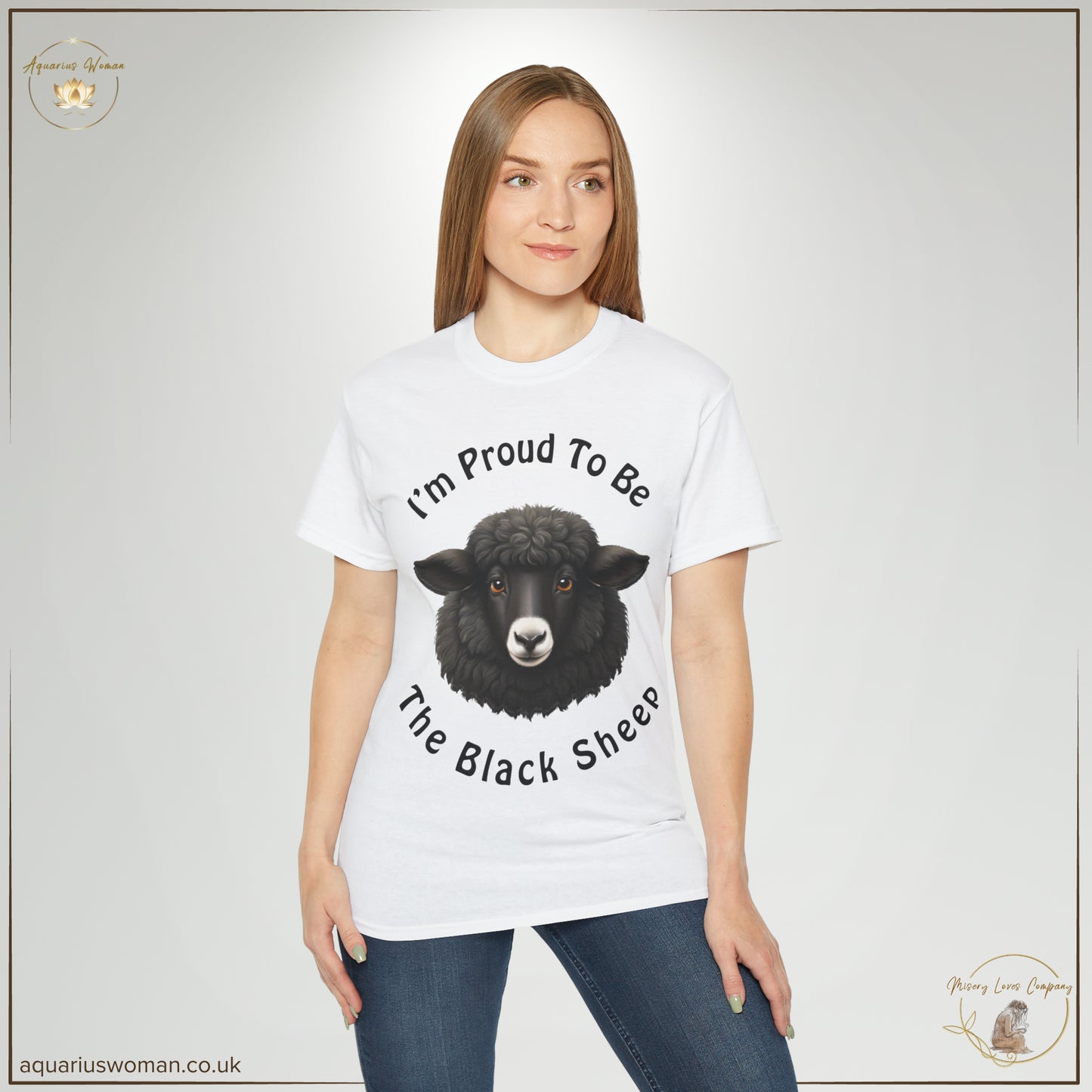 Aquarius Woman's "I'm Proud to be the Black Sheep" from Misery Loves Company Collection with a woman wearing a white t-shirt