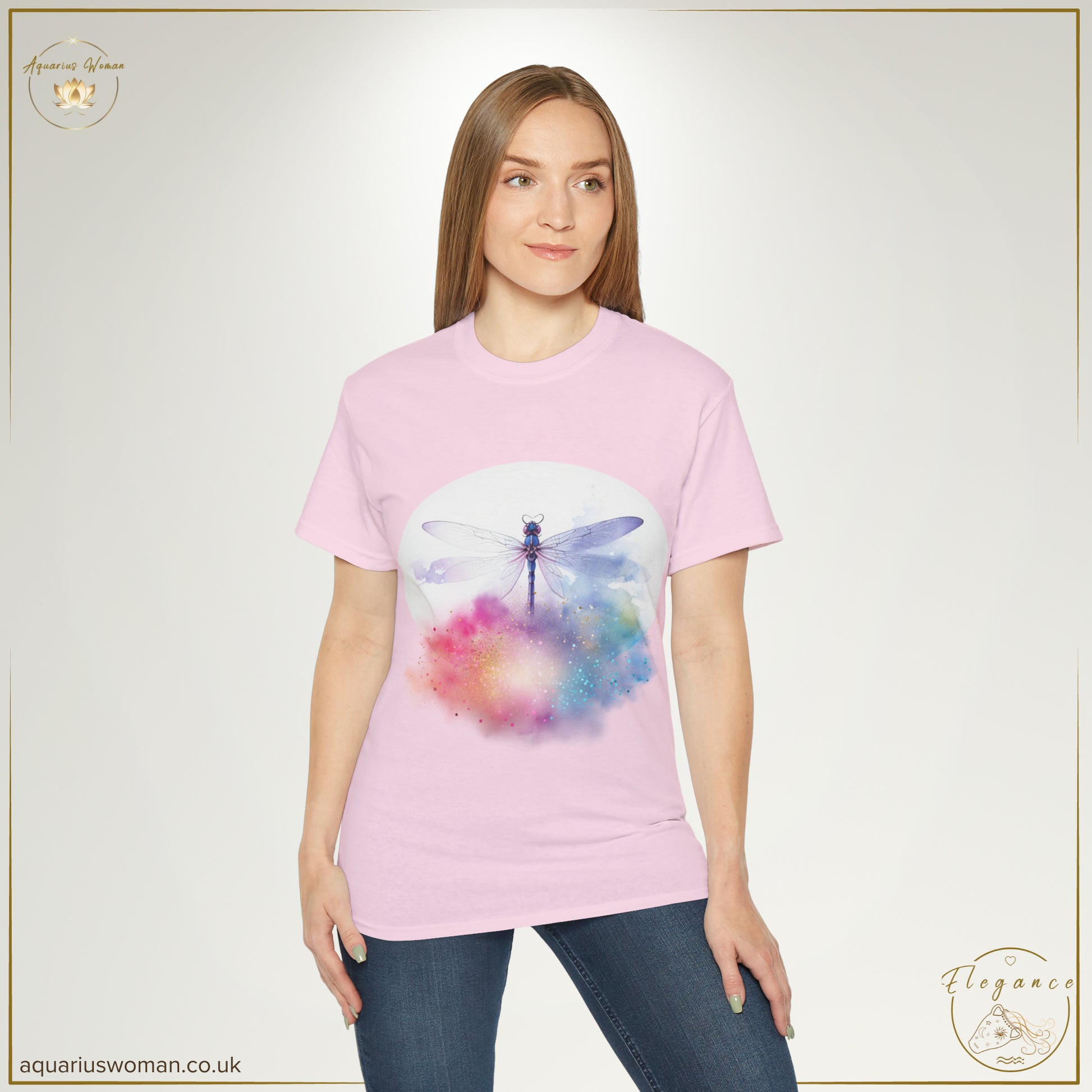 Ethereal Dragonfly Cosmic Cloud Burst Tee | Elegance Collection from Aquarius Woman -  a lady wearing a pink t-shirt
