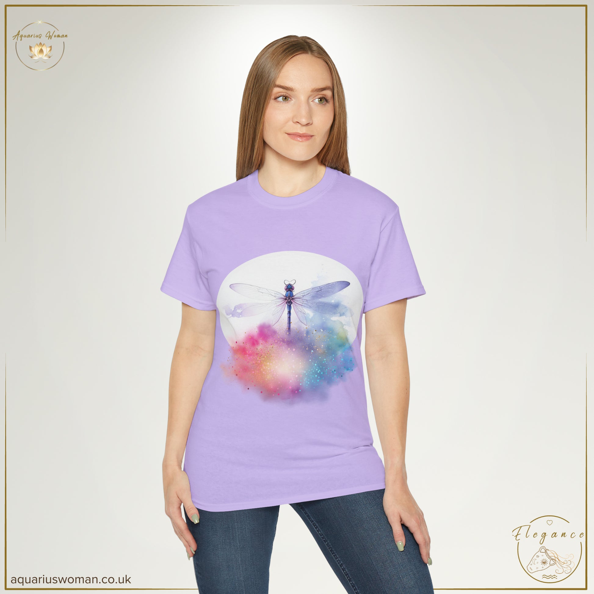 Ethereal Dragonfly Cosmic Cloud Burst Tee | Elegance Collection from Aquarius Woman -  a lady wearing a lilac t-shirt