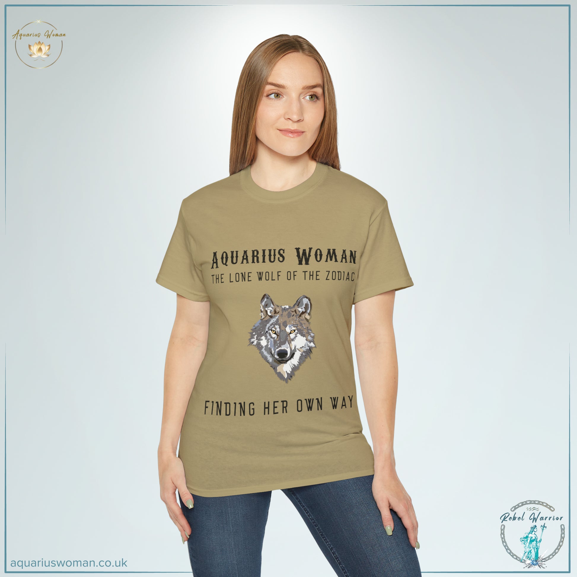 Aquarius Woman Tee: Embrace Your Lone Wolf Spirit from the Rebel Warrior Collection with a model wearing a tan t-shirt