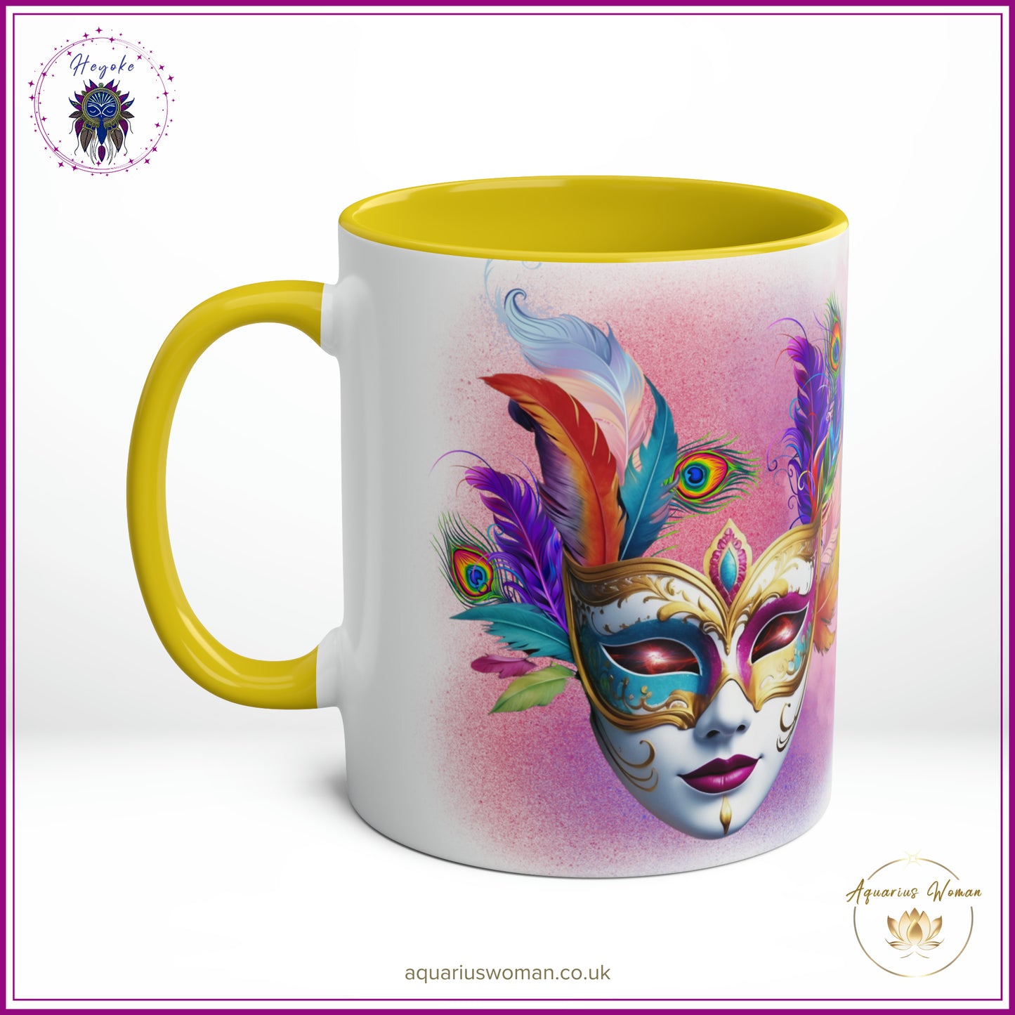 Heyoke Collection: "Cosmic Masquerade" Ceramic Mug - A Mystical Sip Into Shamanic Realms
