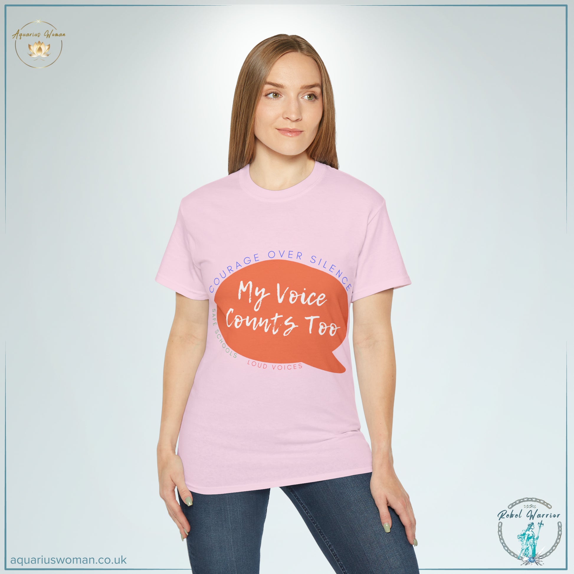 Courage Over Silence - My Voice Counts Too - Safe Schools - Loud Voices - Model wearing pink tee