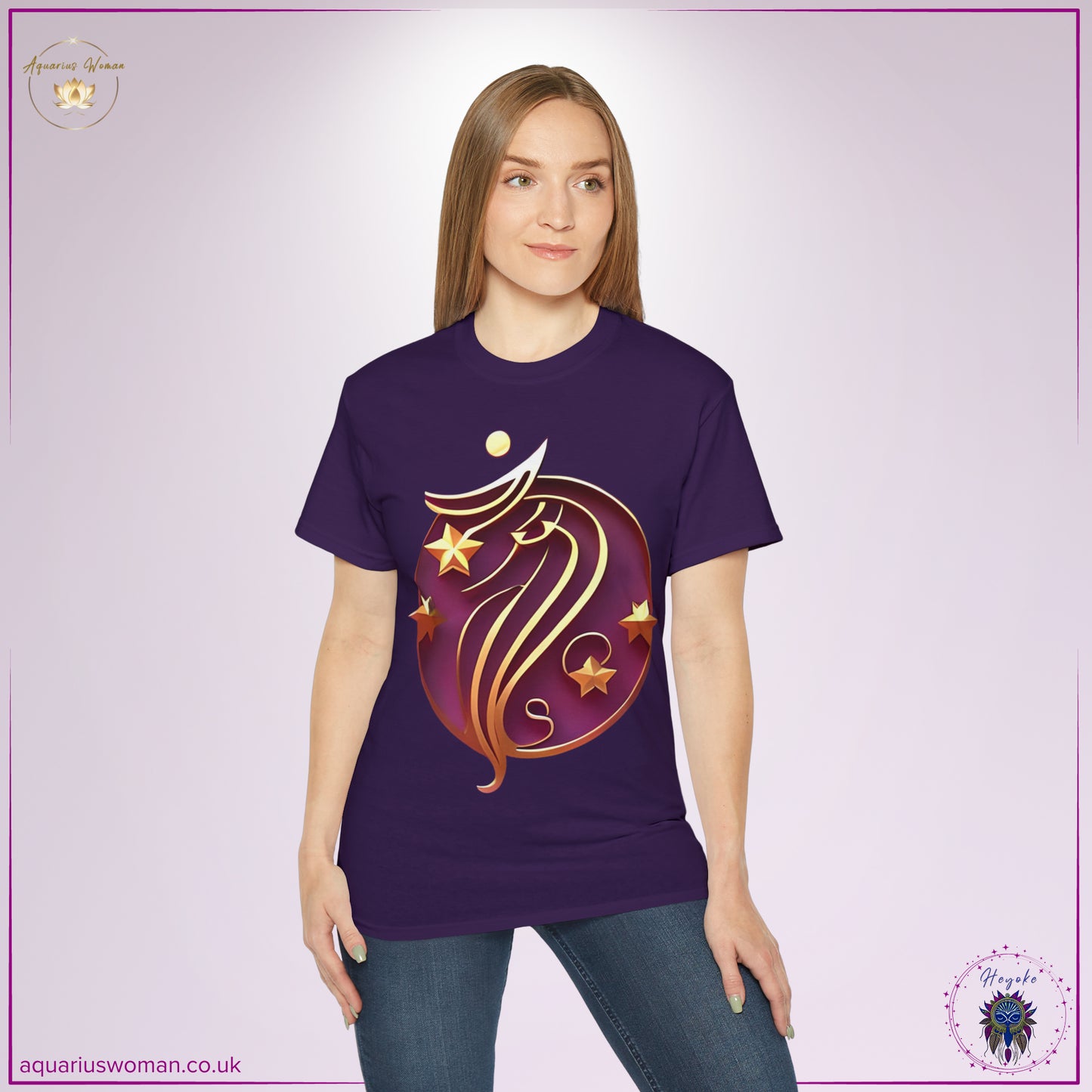 Aquarius Woman - Zodiac Elegant Abstract Design - Heyoke Collection - Model Wearing Purple Tee