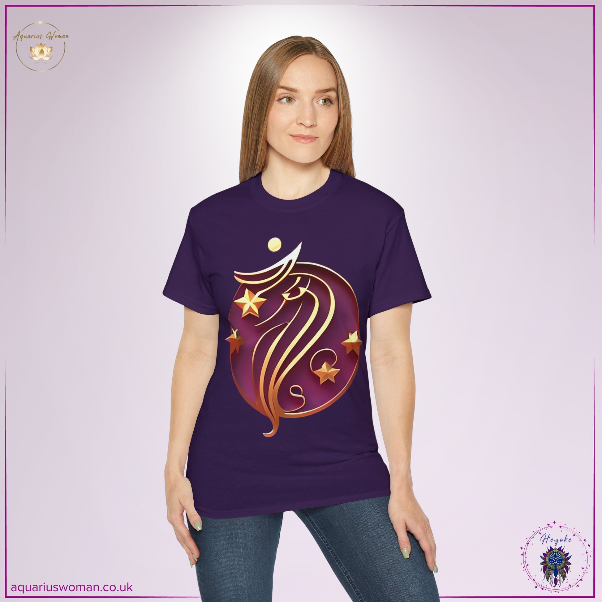 Aquarius Woman - Zodiac Elegant Abstract Design - Heyoke Collection - Model Wearing Purple Tee