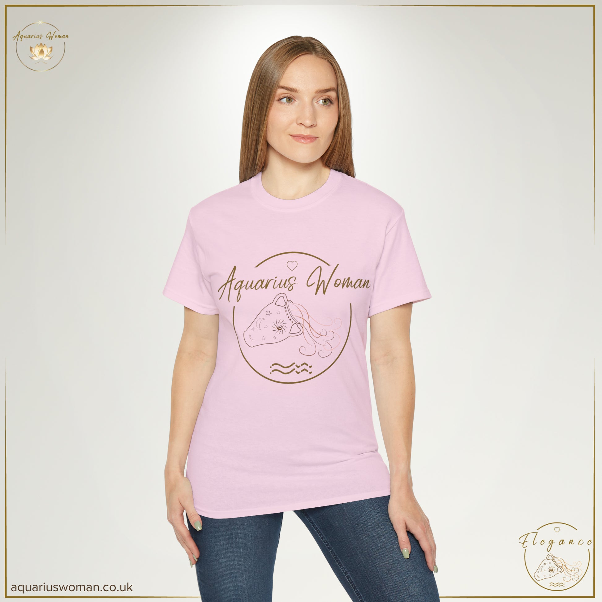 Aquarius Woman Original Logo Tee - Elegance Collection - Model in Pink t-shirt