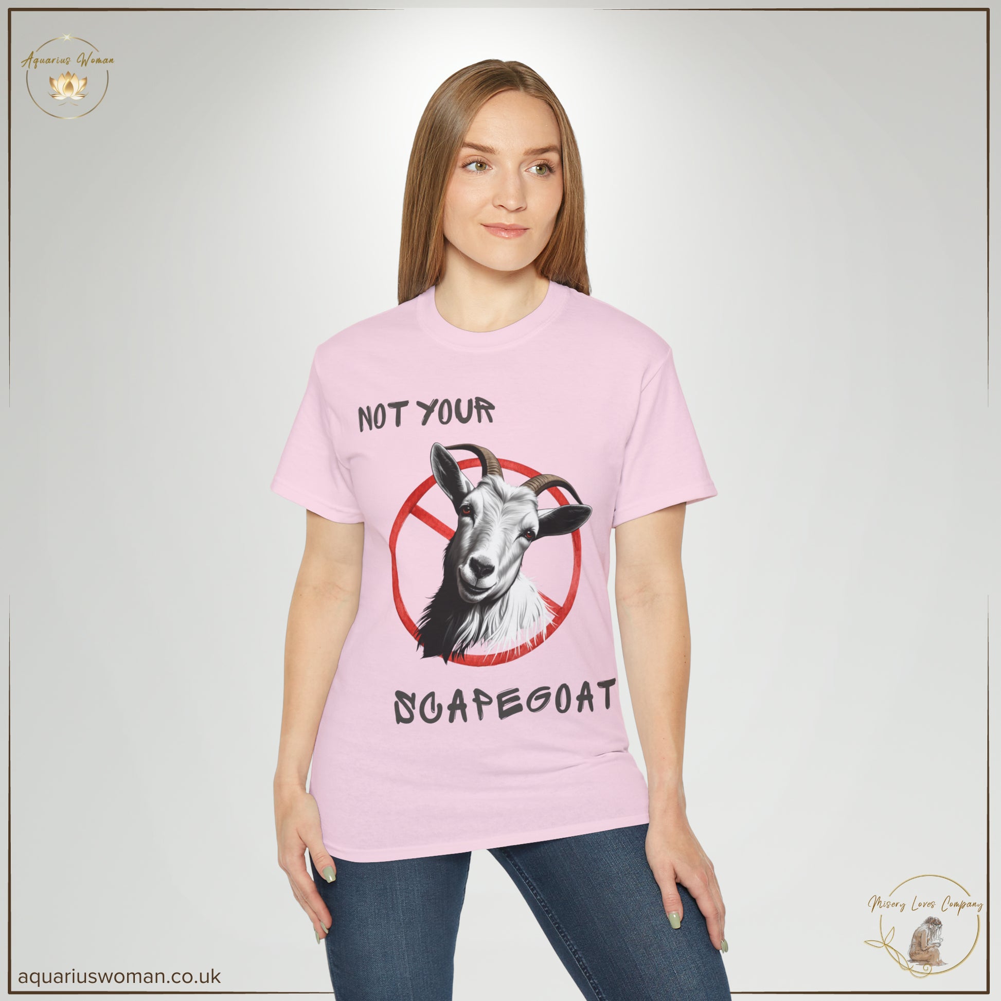 Aquarius Woman's Not Your Scapegoat Tee from the Misery Loves Company Collection - lady wearing pink t-shirt