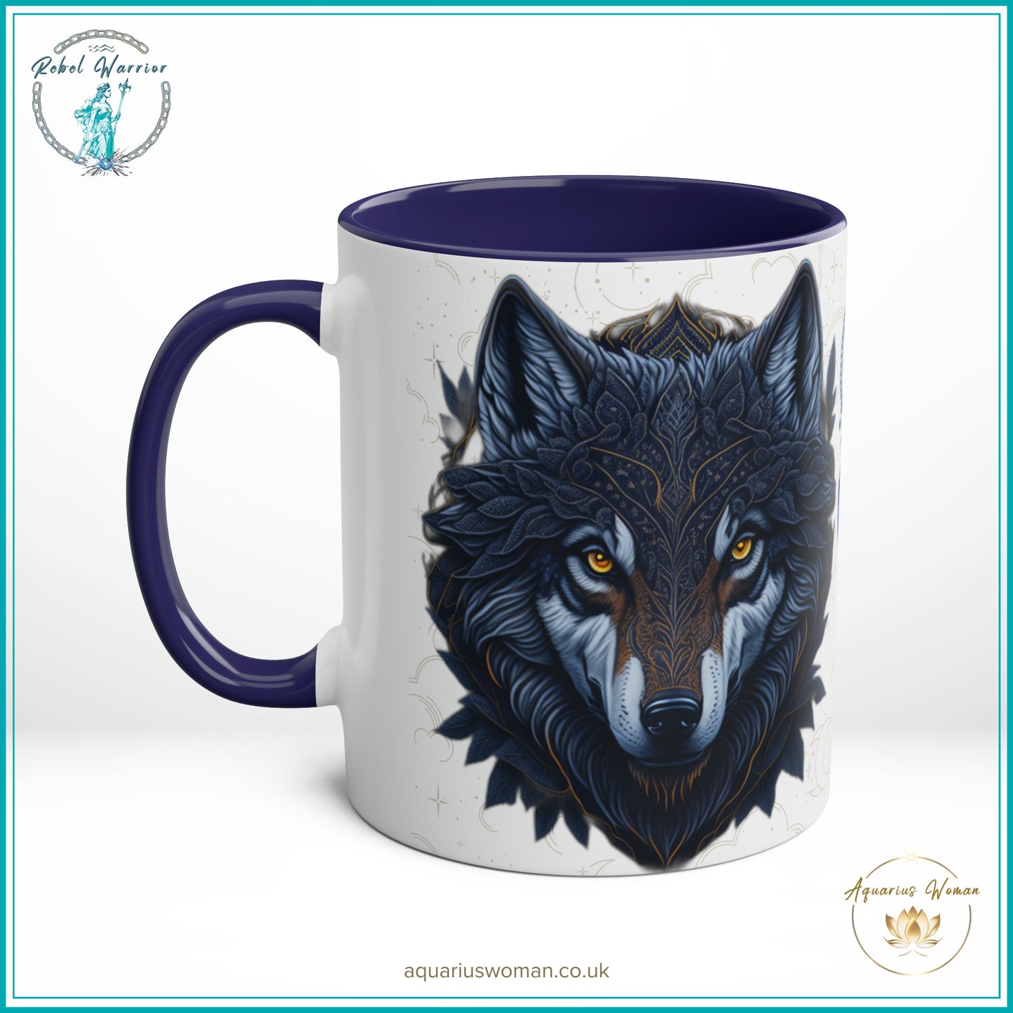 Aquarius Woman's Cosmic Geometric Lone Wolf Mug - Rebel Warrior Collection - Dark Blue