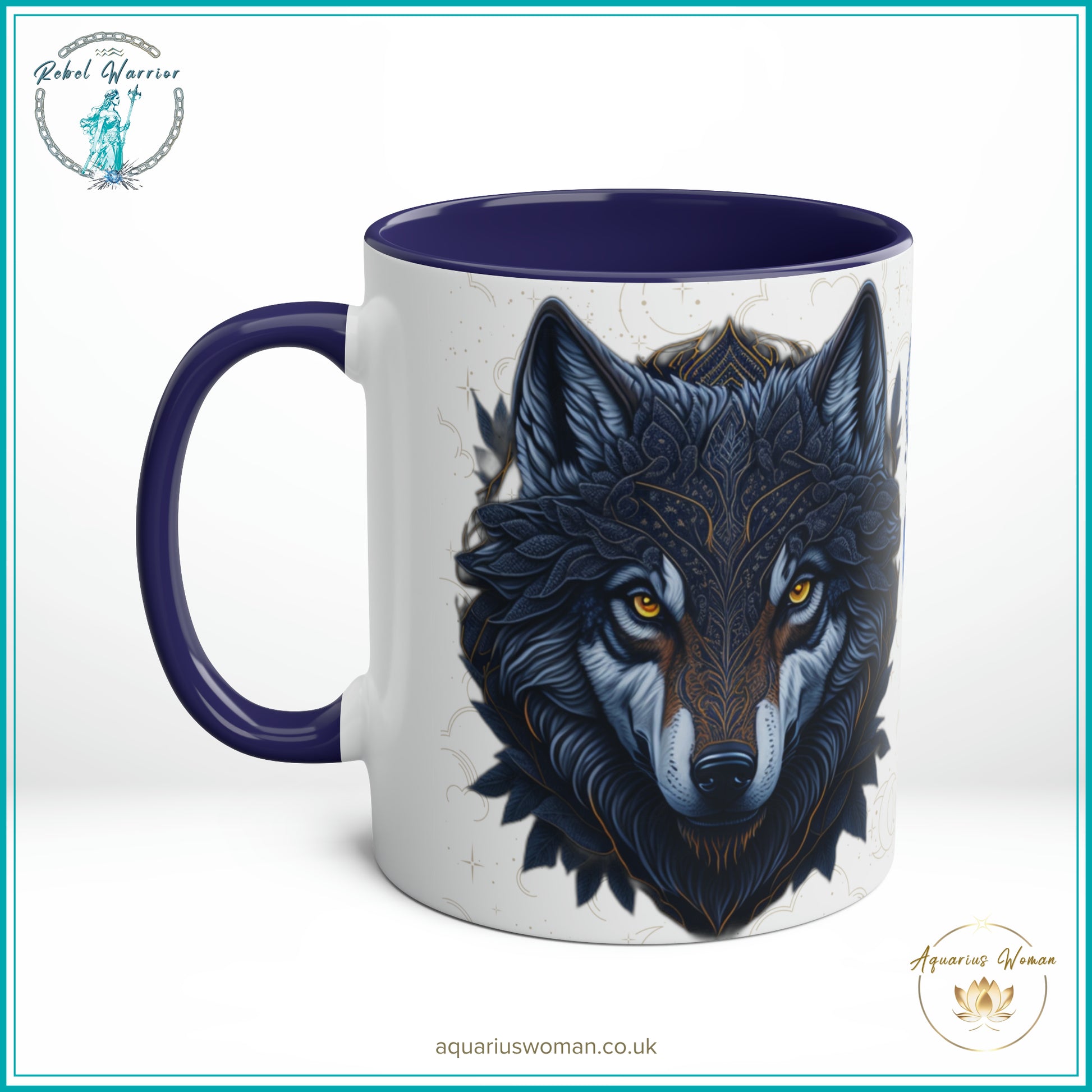 Aquarius Woman's Cosmic Geometric Lone Wolf Mug - Rebel Warrior Collection - Dark Blue
