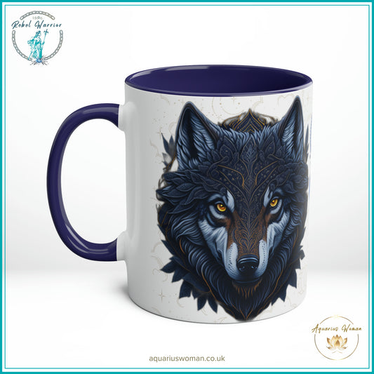 Aquarius Woman's Cosmic Geometric Lone Wolf Mug - Rebel Warrior Collection - Dark Blue