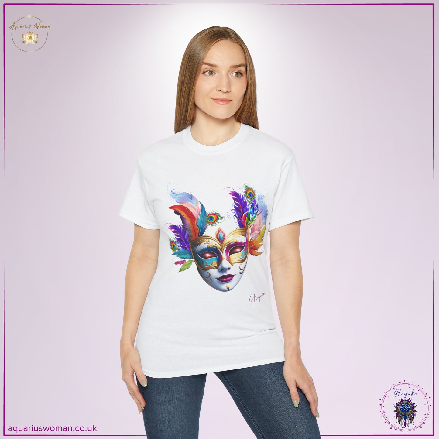 Aquarius Woman's Heyoke Collection: "Cosmic Masquerade" Tee Shirt - in person - White