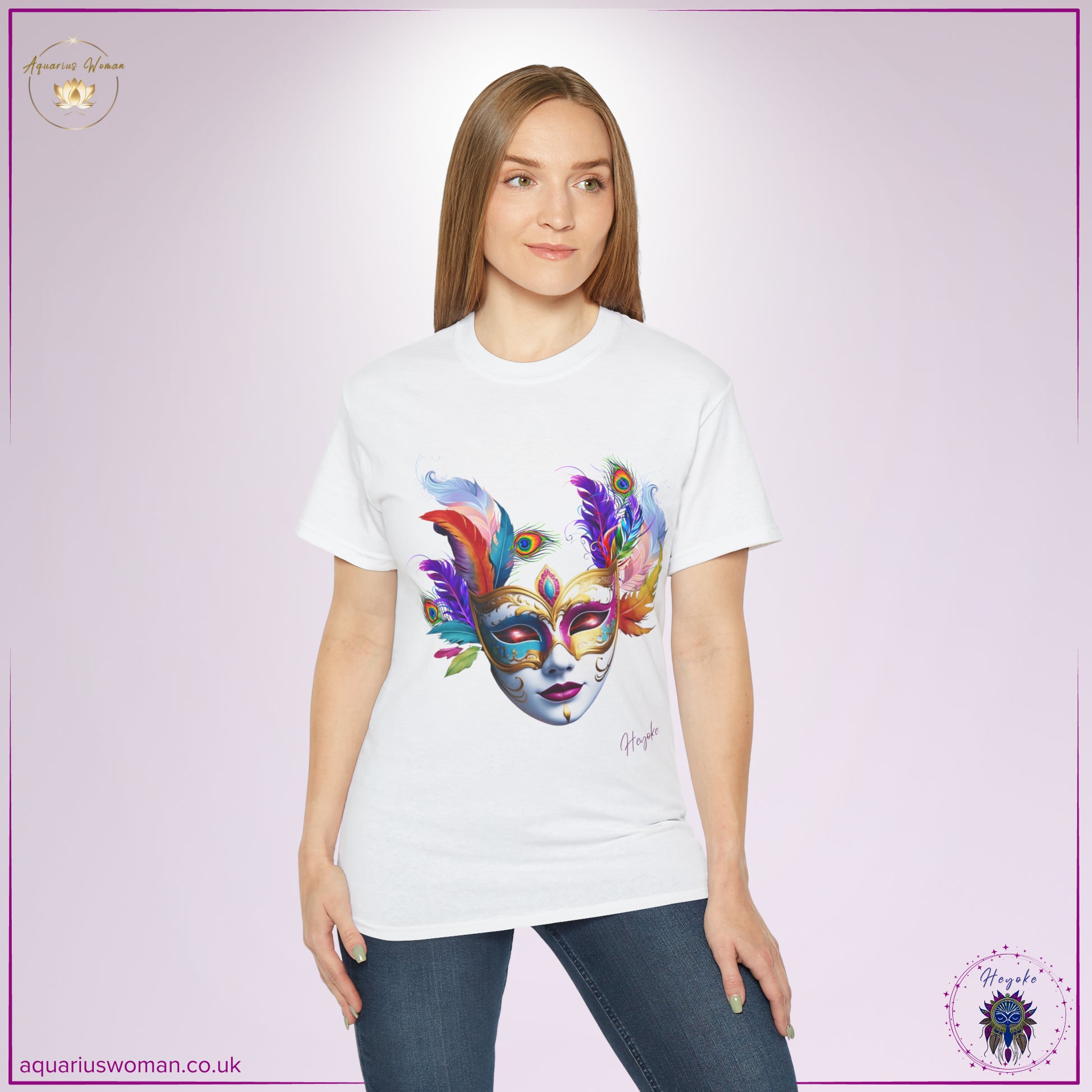 Aquarius Woman's Heyoke Collection: "Cosmic Masquerade" Tee Shirt - in person - White