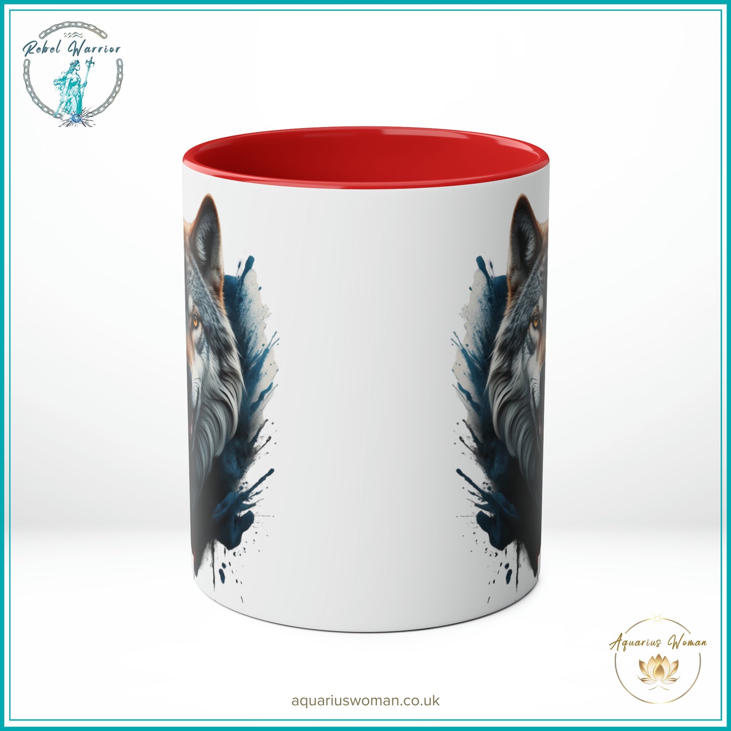 Aquarius Woman Rebel Warrior "Wild Spirit Wolf" Mug – Bold Teal & Amber Design