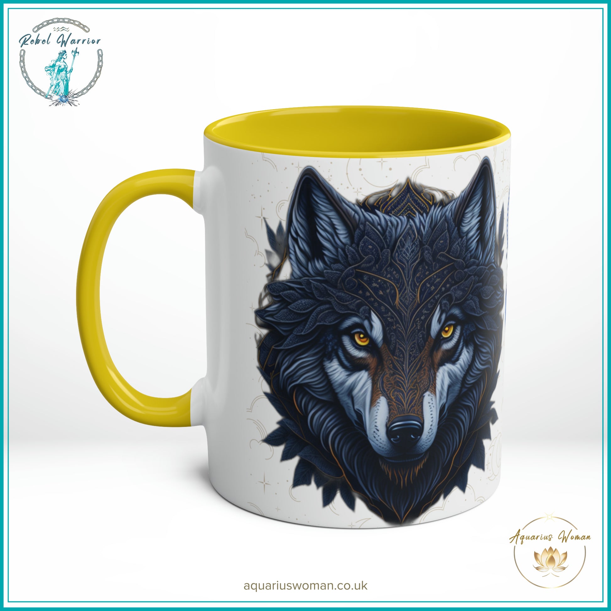 Aquarius Woman's Cosmic Geometric Lone Wolf Mug - Rebel Warrior Collection - Yellow