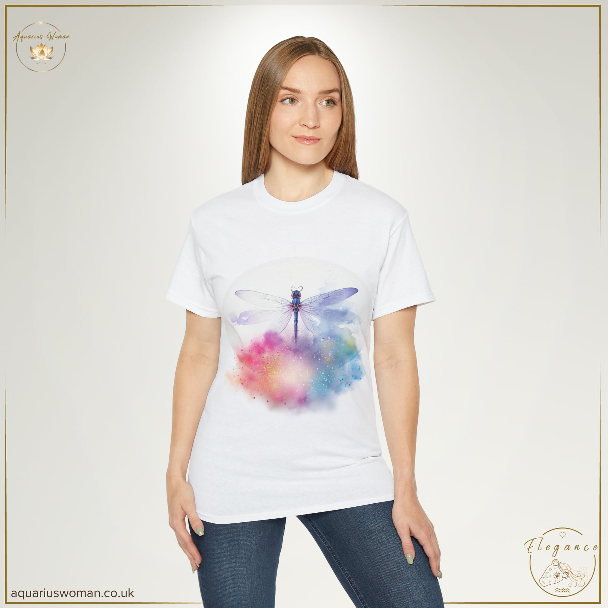 Ethereal Dragonfly Cosmic Cloud Burst Tee | Elegance Collection from Aquarius Woman -  a lady wearing a white t-shirt