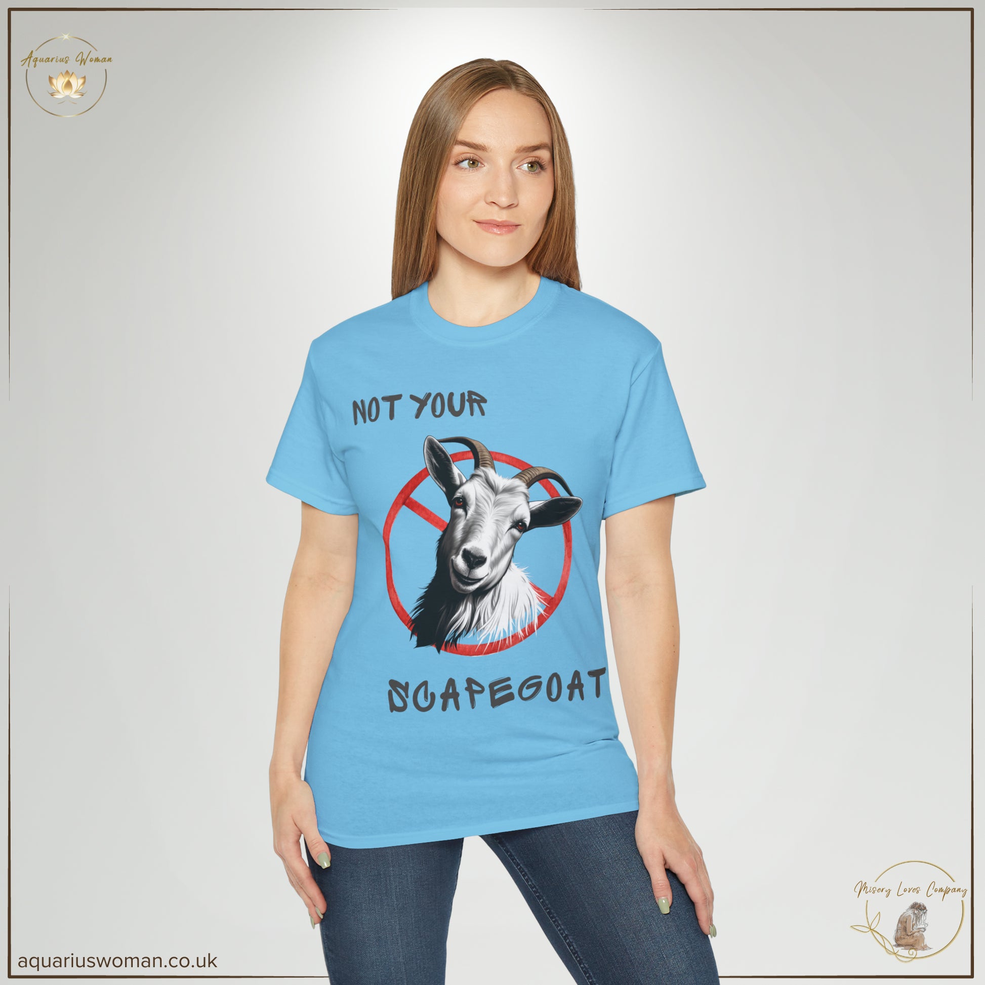 Aquarius Woman's Not Your Scapegoat Tee from the Misery Loves Company Collection - lady wearing blue t-shirt