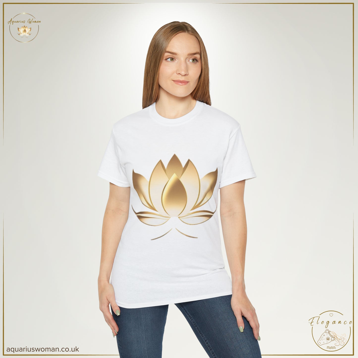 Aquarius Woman - Resilience in Bloom Tee from the Elegance Collection with Model wearing White t-shirt