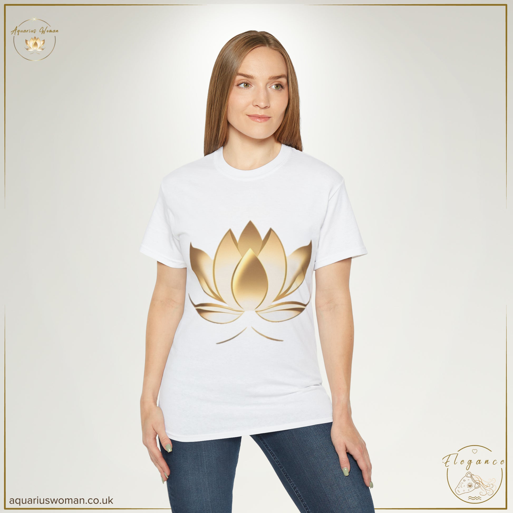 Aquarius Woman - Resilience in Bloom Tee from the Elegance Collection with Model wearing White t-shirt