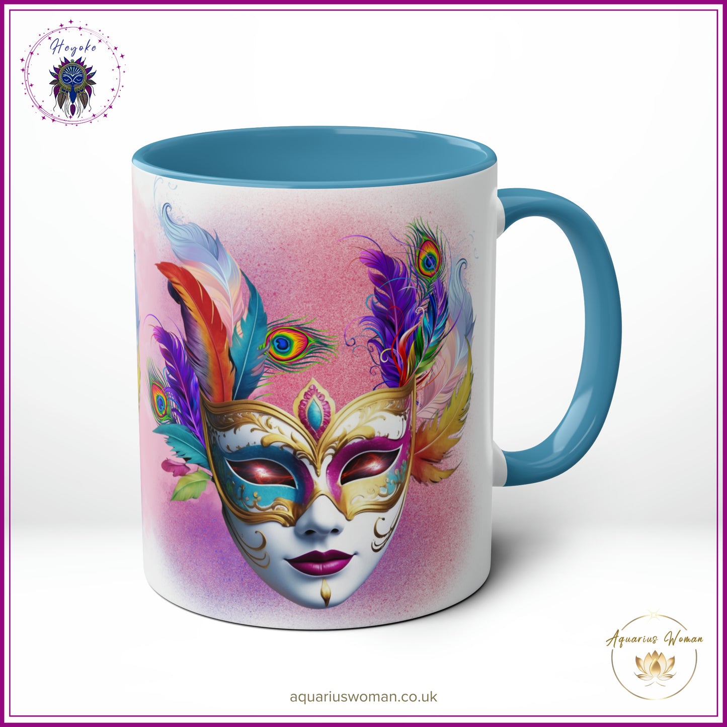 Heyoke Collection: "Cosmic Masquerade" Ceramic Mug - A Mystical Sip Into Shamanic Realms