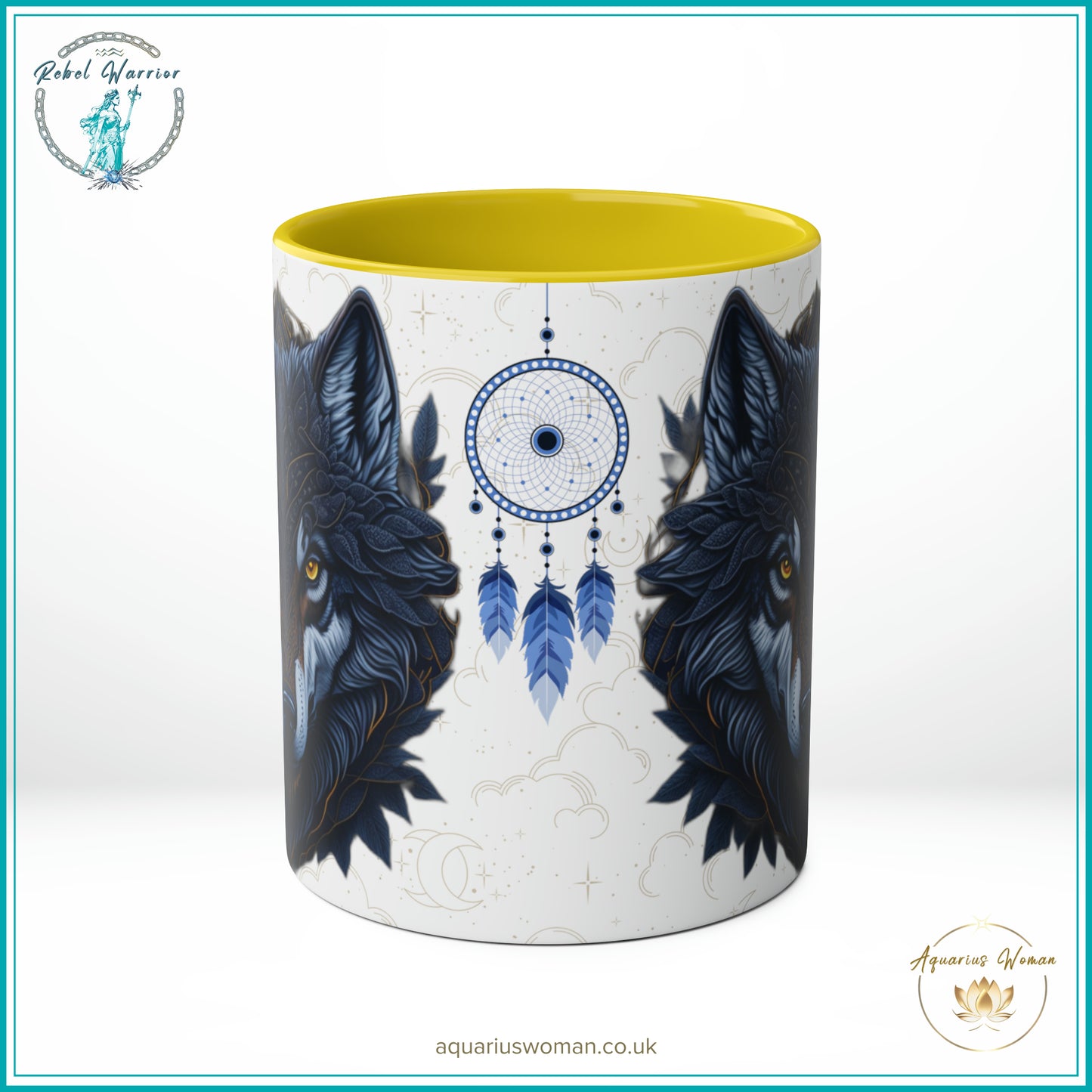 Aquarius Woman Rebel Warrior Collection Mug – Lone Wolf Geometric and Dreamcatcher Design