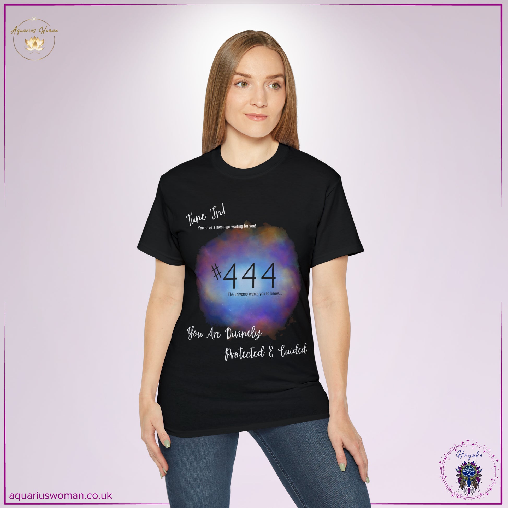 Synchronicity #444 Tee from the Heyoke Collection by Aquarius Woman - Woman _Black t-shirt