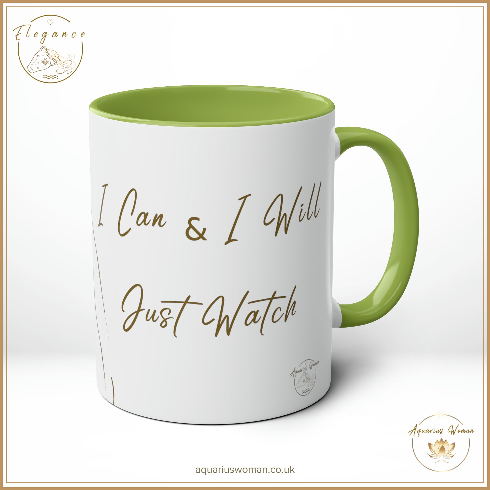 Aquarius Woman - I Can and I Will - Just Watch Mug from the Elegance Range  "Original Line Drawing" Green - Left
