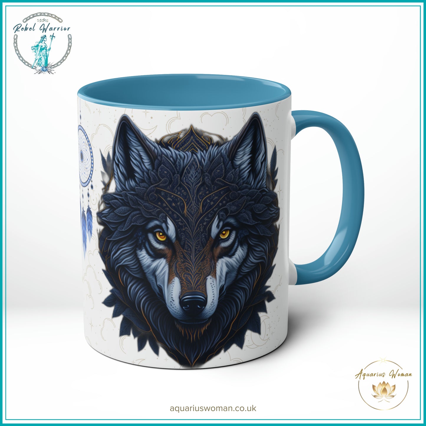 Aquarius Woman Rebel Warrior Collection Mug – Lone Wolf Geometric and Dreamcatcher Design