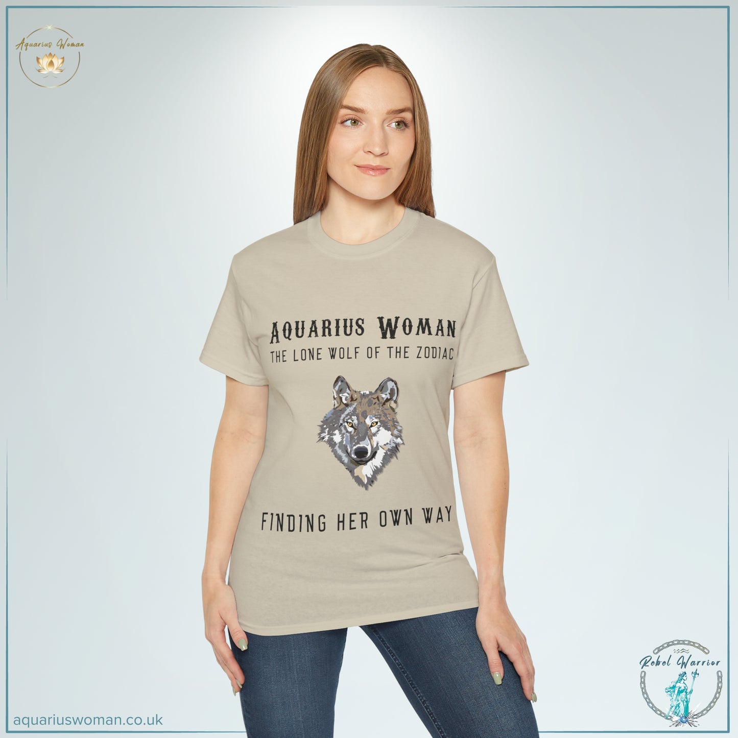 Aquarius Woman Tee: Embrace Your Lone Wolf Spirit from the Rebel Warrior Collection with a model wearing a sand coloured-shirt