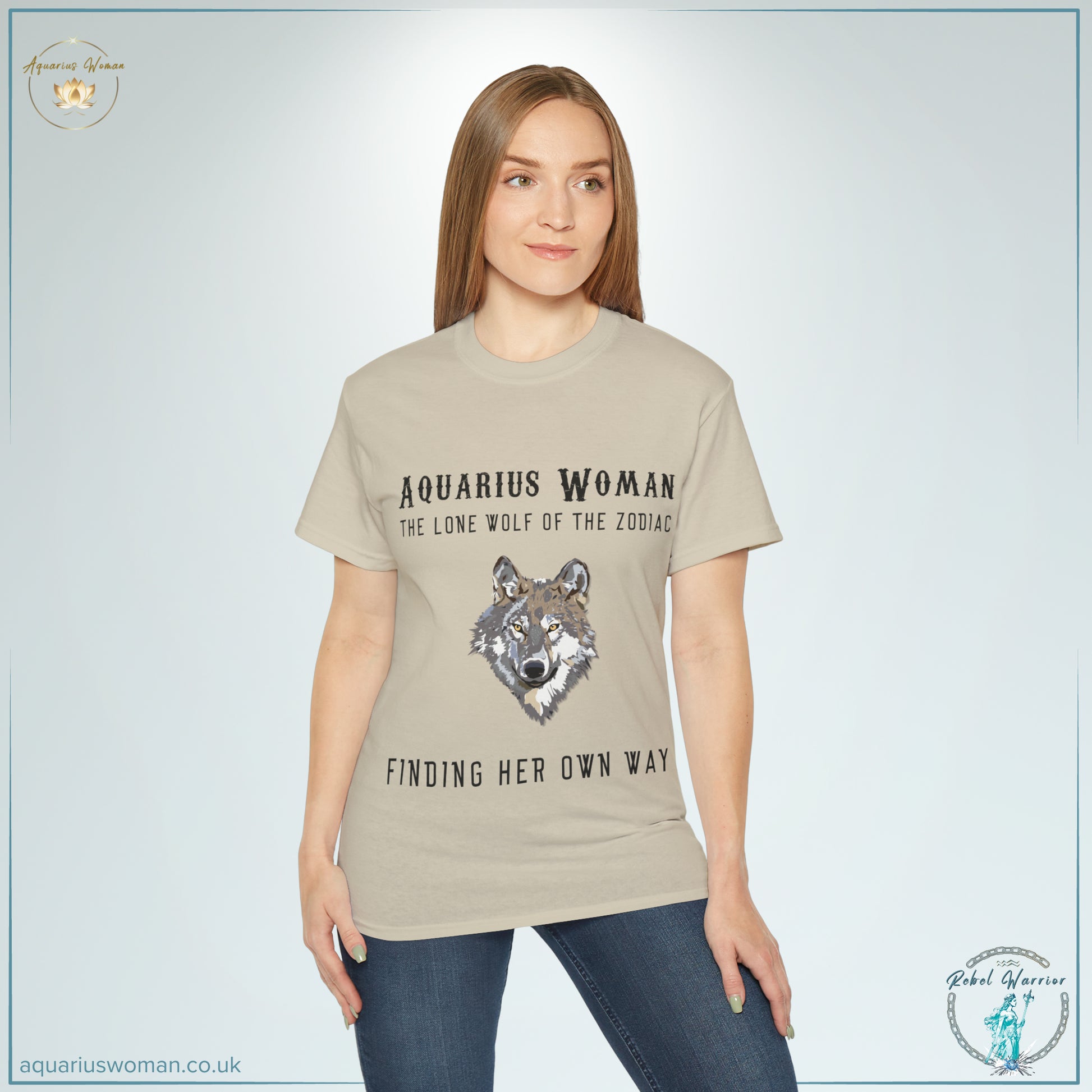 Aquarius Woman Tee: Embrace Your Lone Wolf Spirit from the Rebel Warrior Collection with a model wearing a sand coloured-shirt