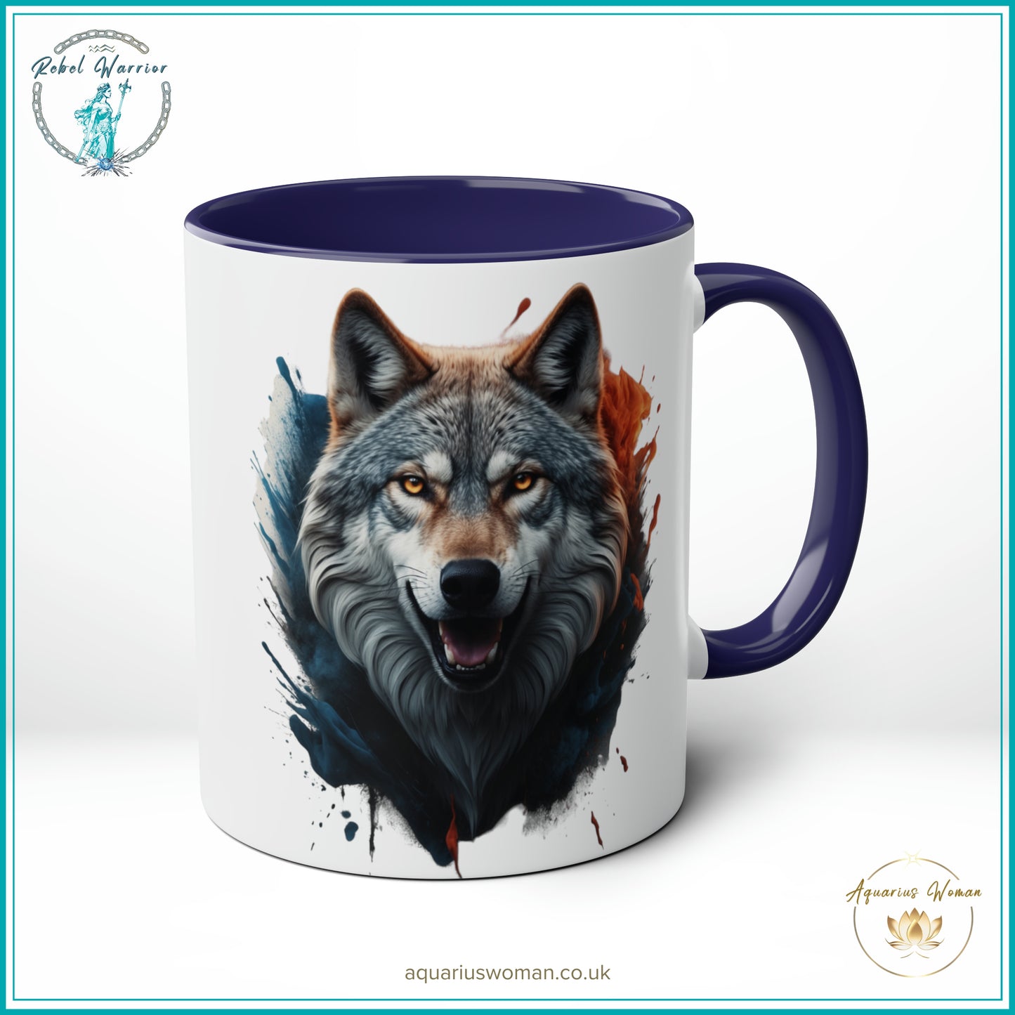 Aquarius Woman Rebel Warrior "Wild Spirit Wolf" Mug – Bold Teal & Amber Design