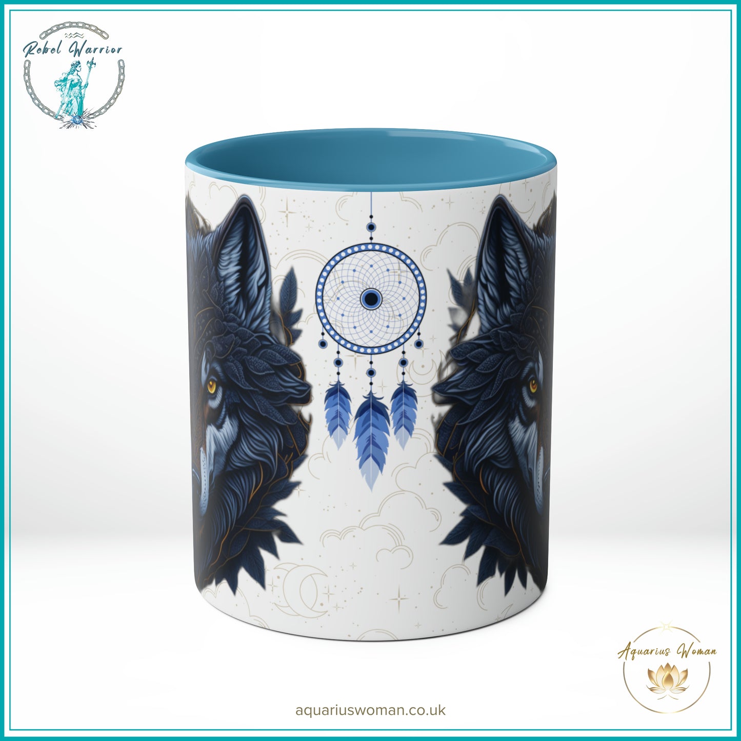 Aquarius Woman Rebel Warrior Collection Mug – Lone Wolf Geometric and Dreamcatcher Design