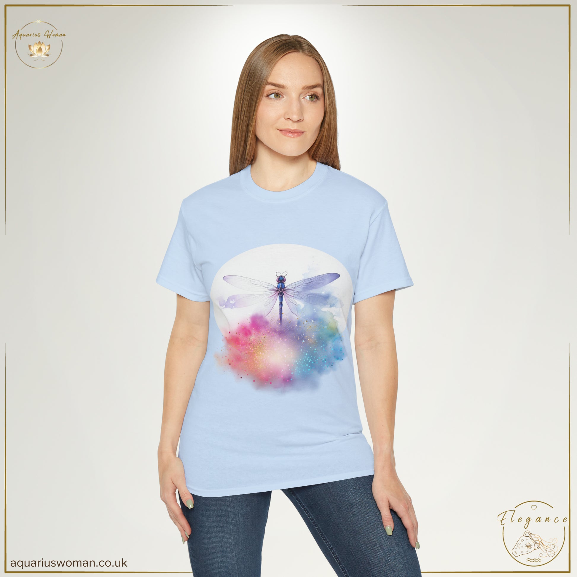 Ethereal Dragonfly Cosmic Cloud Burst Tee | Elegance Collection from Aquarius Woman -  a lady wearing a light blue t-shirt