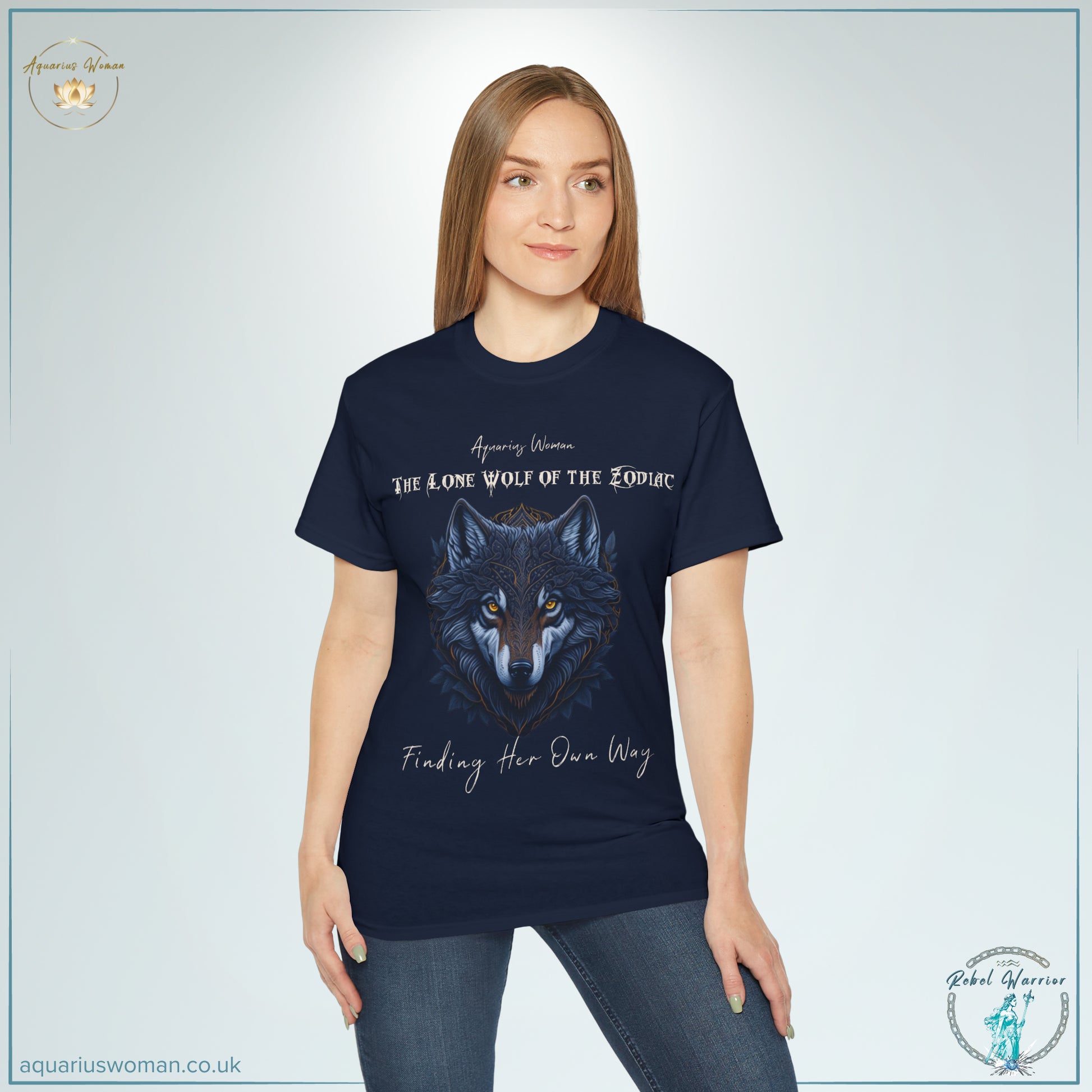 Wild at Heart: Aquarius Woman's Tee for the True Lone Wolf's of the Zodiac: Rebel Warrior Collection - Model Navy
