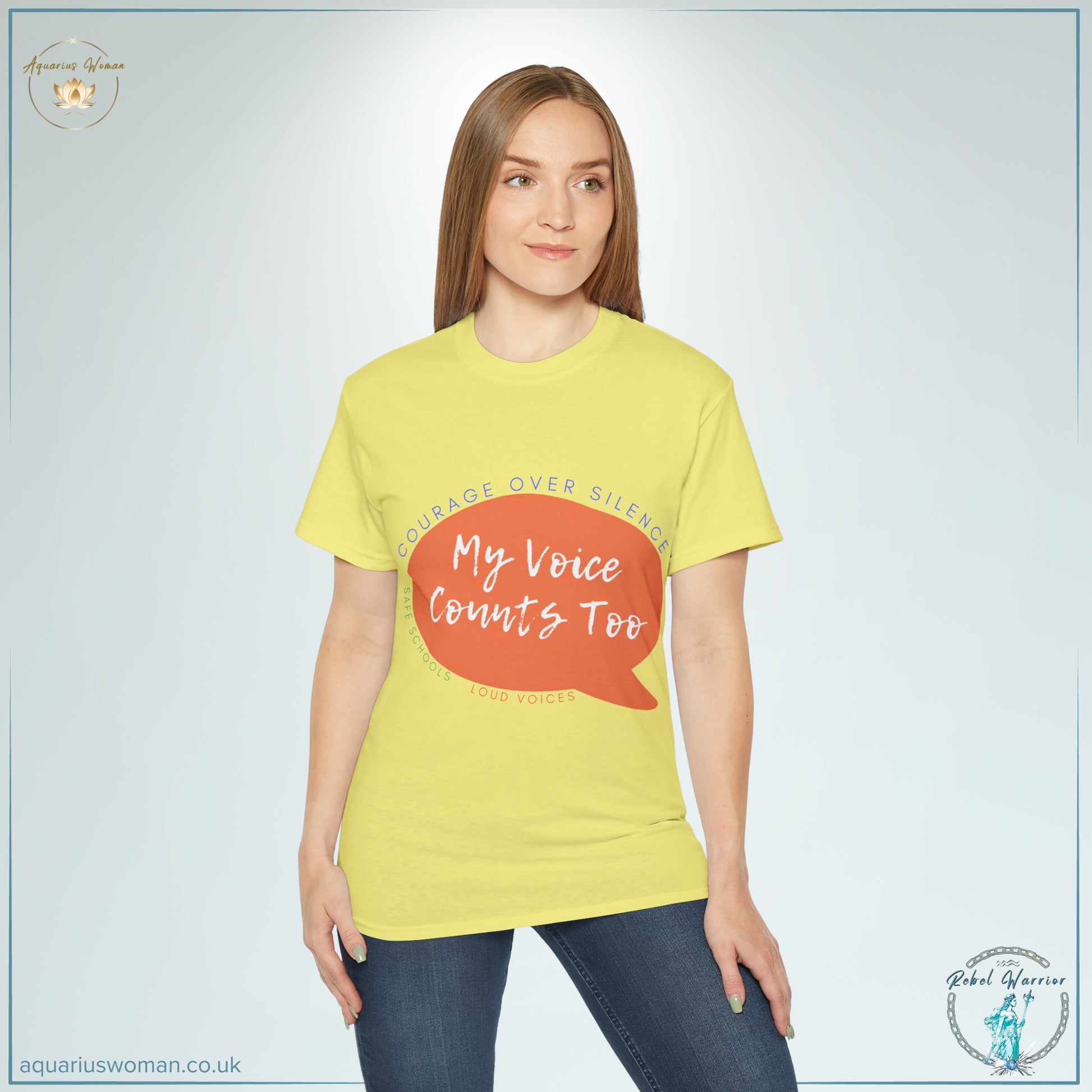 Courage Over Silence - My Voice Counts Too - Safe Schools - Loud Voices - Model wearing yellow tee