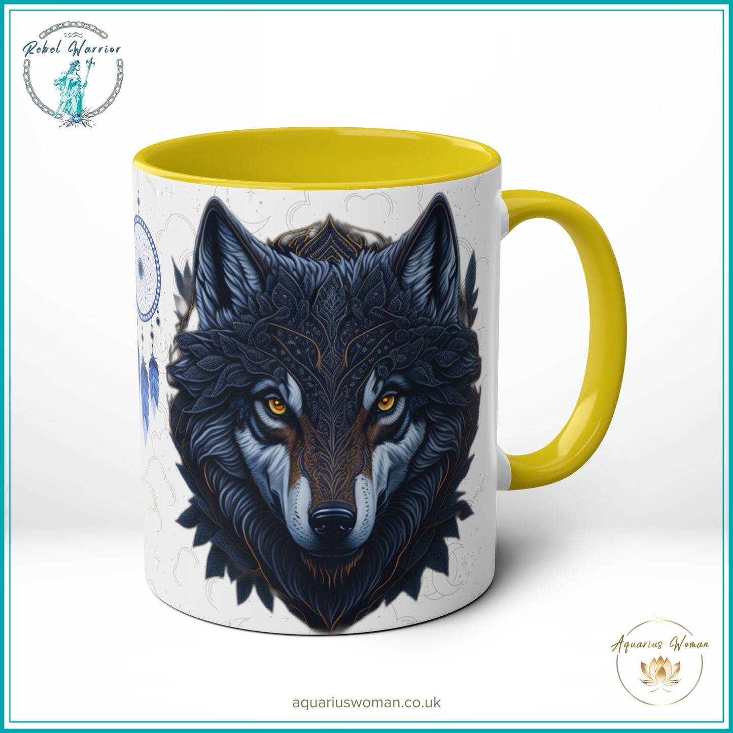 Aquarius Woman Rebel Warrior Collection Mug – Lone Wolf Geometric and Dreamcatcher Design