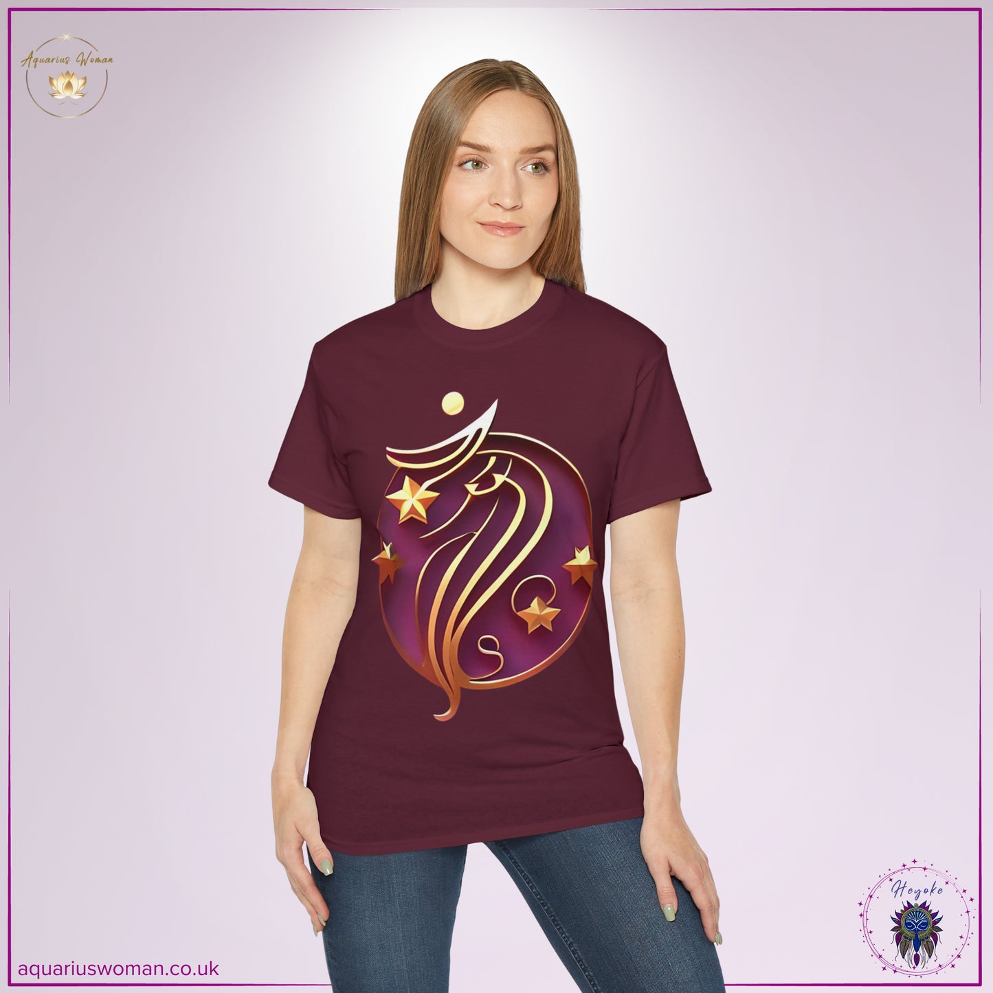 Aquarius Woman - Zodiac Elegant Abstract Design - Heyoke Collection - Model Wearing Maroon Tee