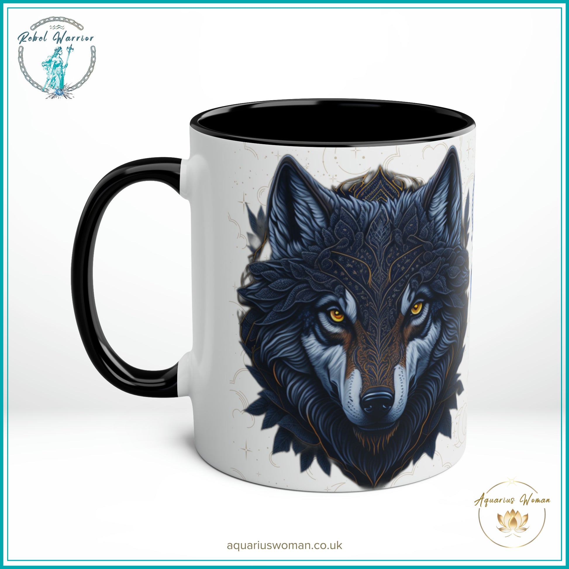 Aquarius Woman's Cosmic Geometric Lone Wolf Mug - Rebel Warrior Collection - Black