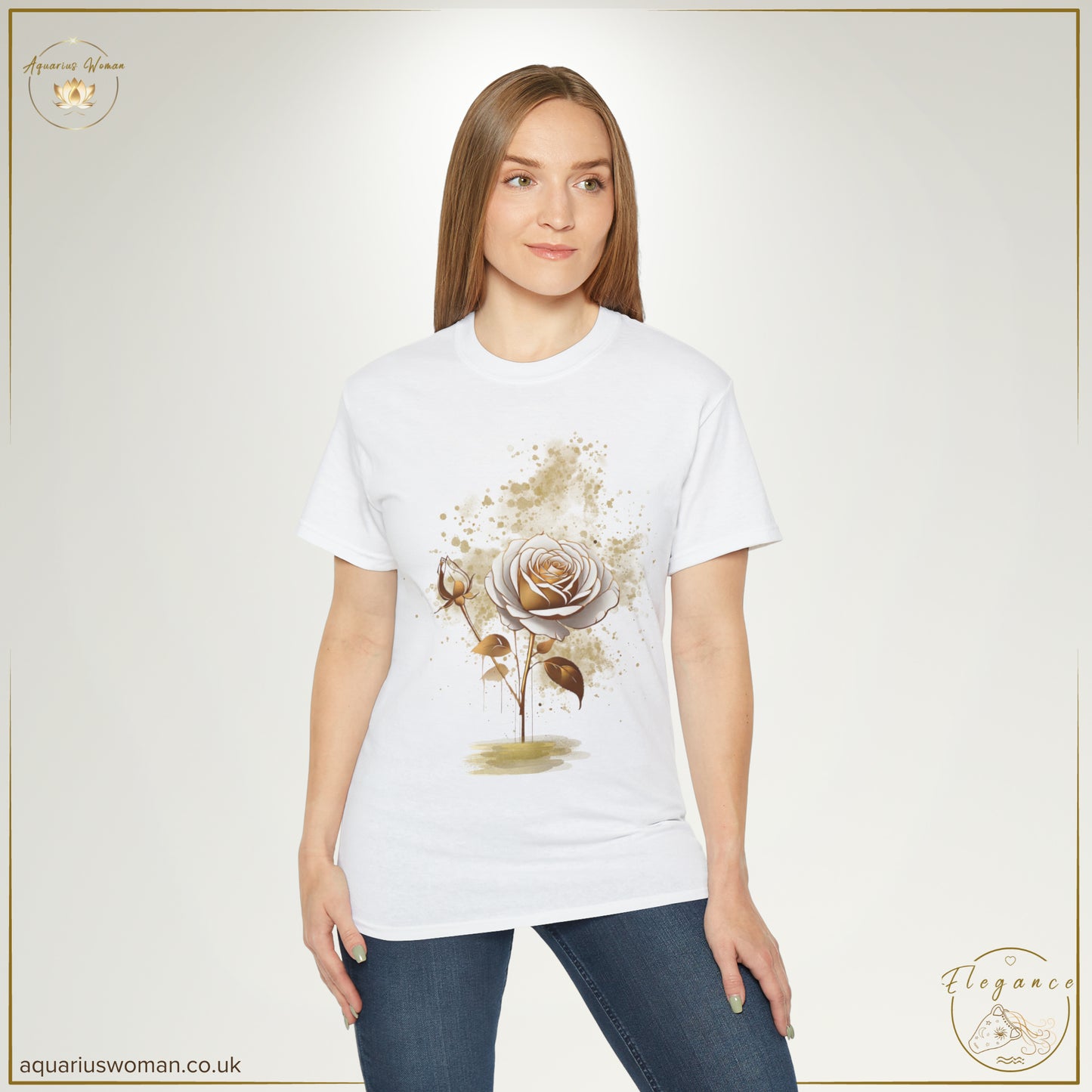 Elegance Collection presents the Elegant White & Gold Rose Tee from Aquarius Woman with a lady wearing a white t-shirt