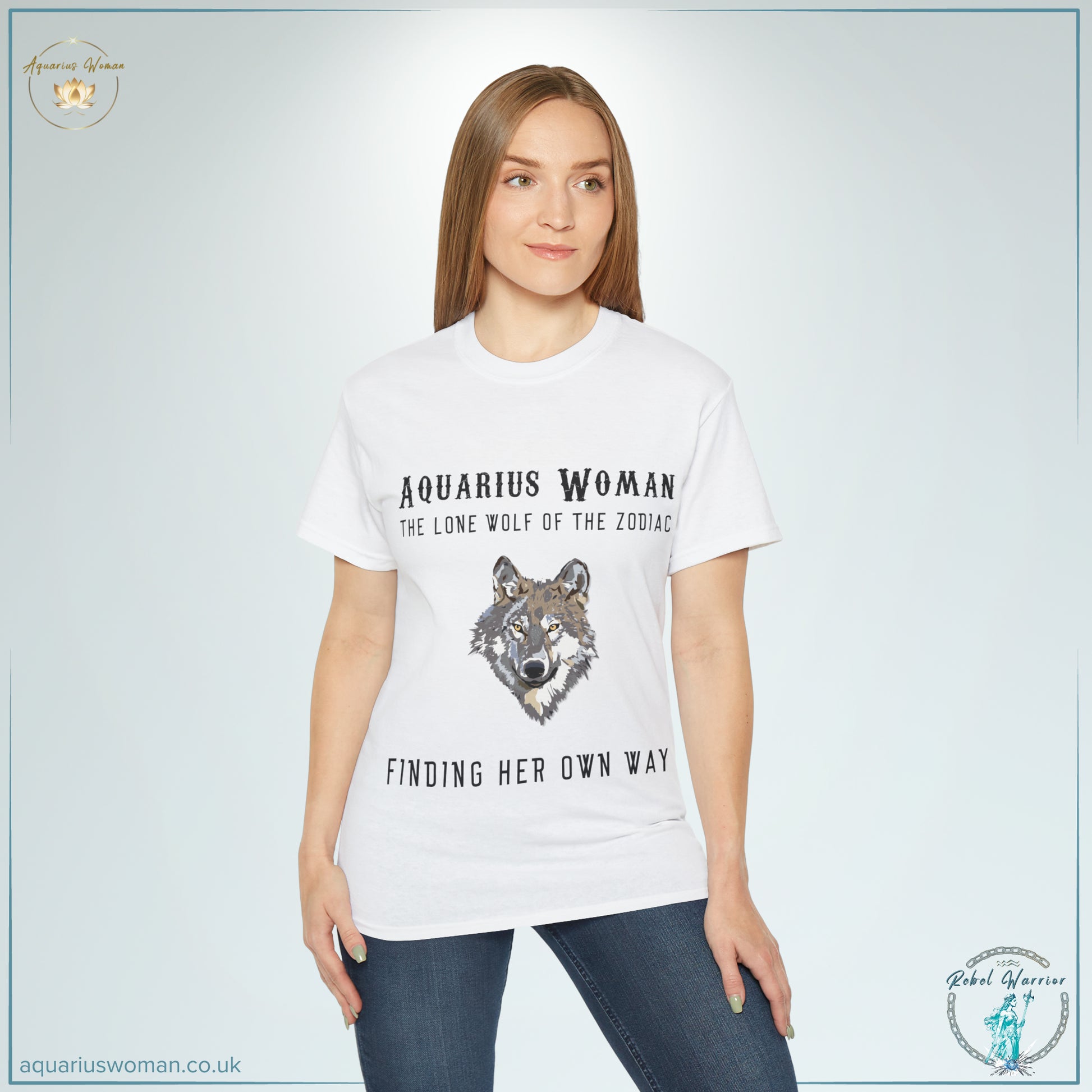Aquarius Woman Tee: Embrace Your Lone Wolf Spirit from the Rebel Warrior Collection with a model wearing a white t-shirt