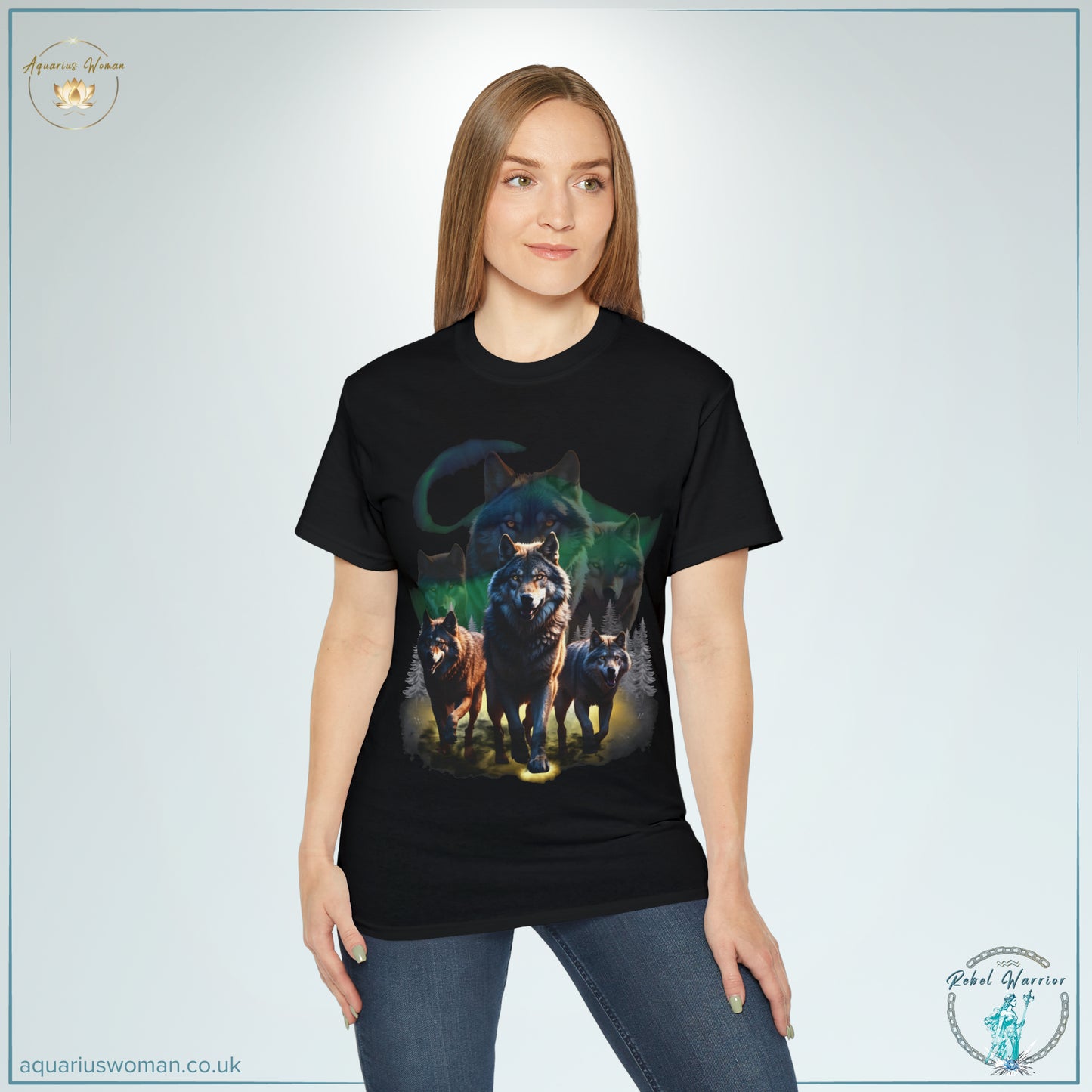 Aquarius Woman's Night Watchers Tee: Embrace the Rebel Warrior Collection Spirit - Woman wearing a black t-shirt