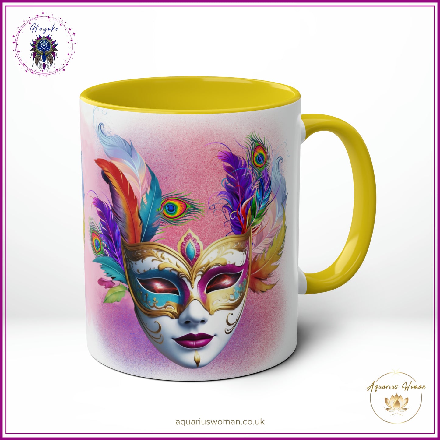 Heyoke Collection: "Cosmic Masquerade" Ceramic Mug - A Mystical Sip Into Shamanic Realms