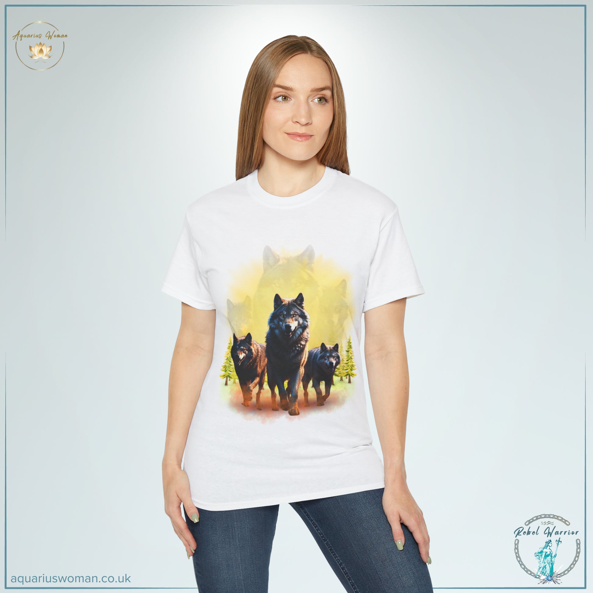 Aquarius Woman's Dawn Guardians Tee: You’re not alone from the Rebel Warrior Collection, woman wearing white t-shirt