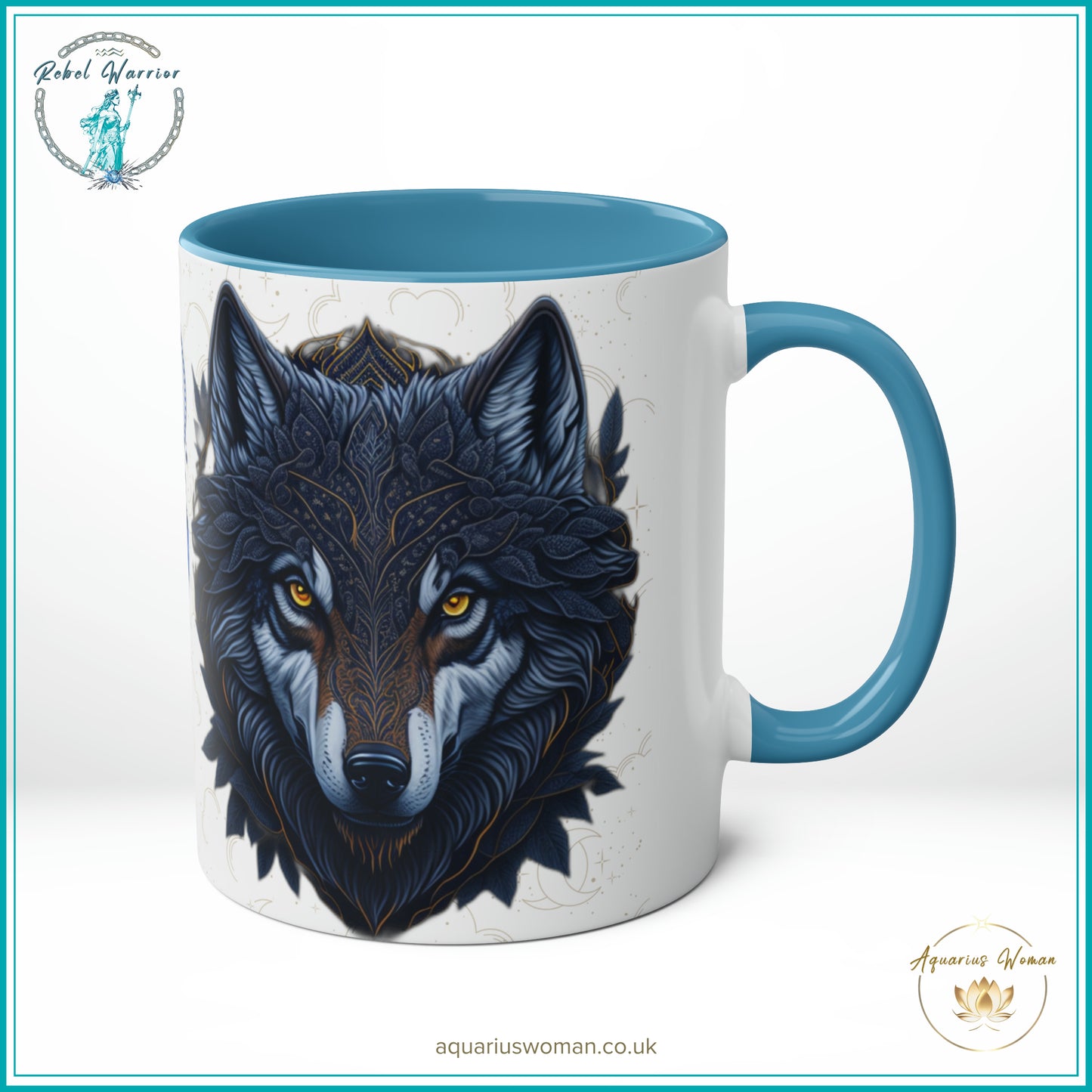 Aquarius Woman Rebel Warrior Collection Mug – Lone Wolf Geometric and Dreamcatcher Design