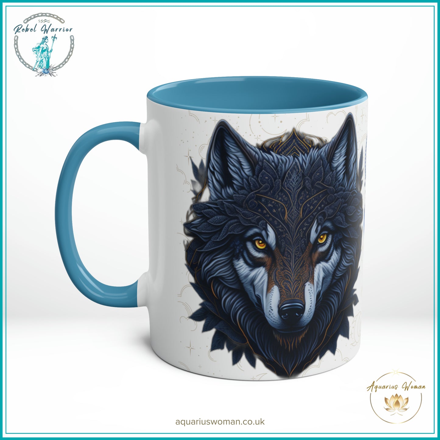 Aquarius Woman's Cosmic Geometric Lone Wolf Mug - Rebel Warrior Collection - Light Blue