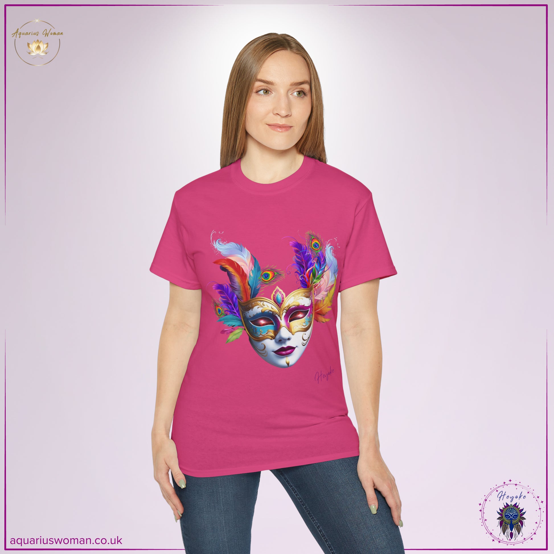 Aquarius Woman's Heyoke Collection: "Cosmic Masquerade" Tee Shirt - in person - Pink