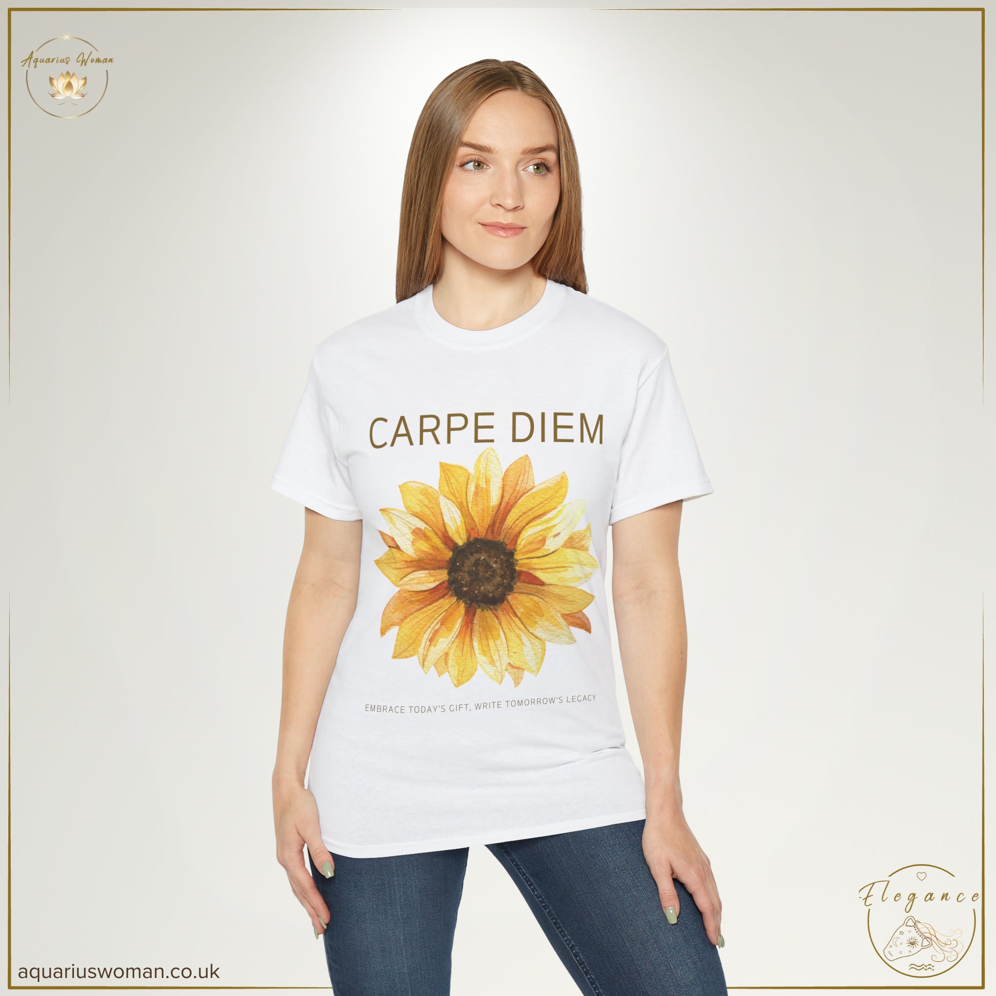 Aquarius Woman's CARPE DIEM Sunflower Tee from the Elegance Collection Woman wearing a white t-shirt
