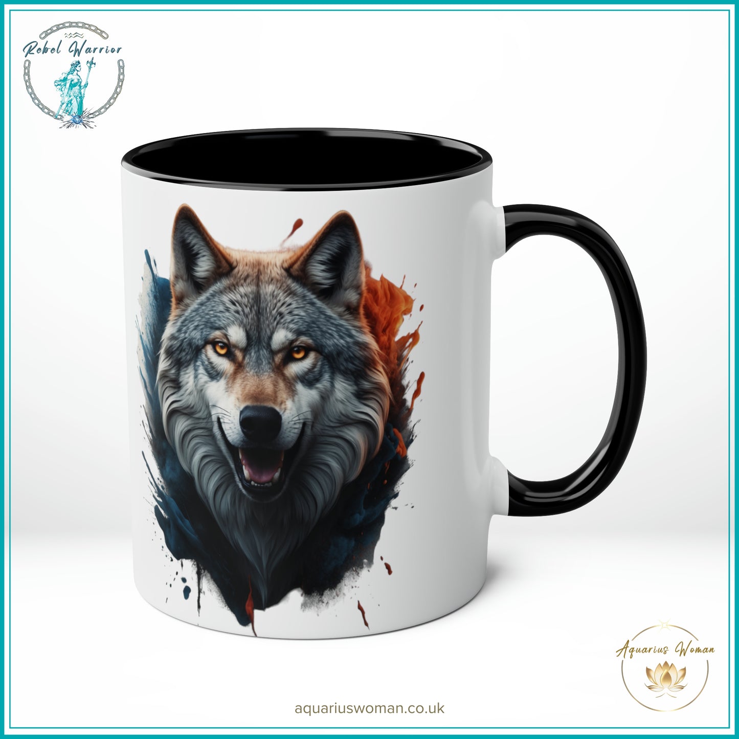 Aquarius Woman Rebel Warrior "Wild Spirit Wolf" Mug – Bold Teal & Amber Design